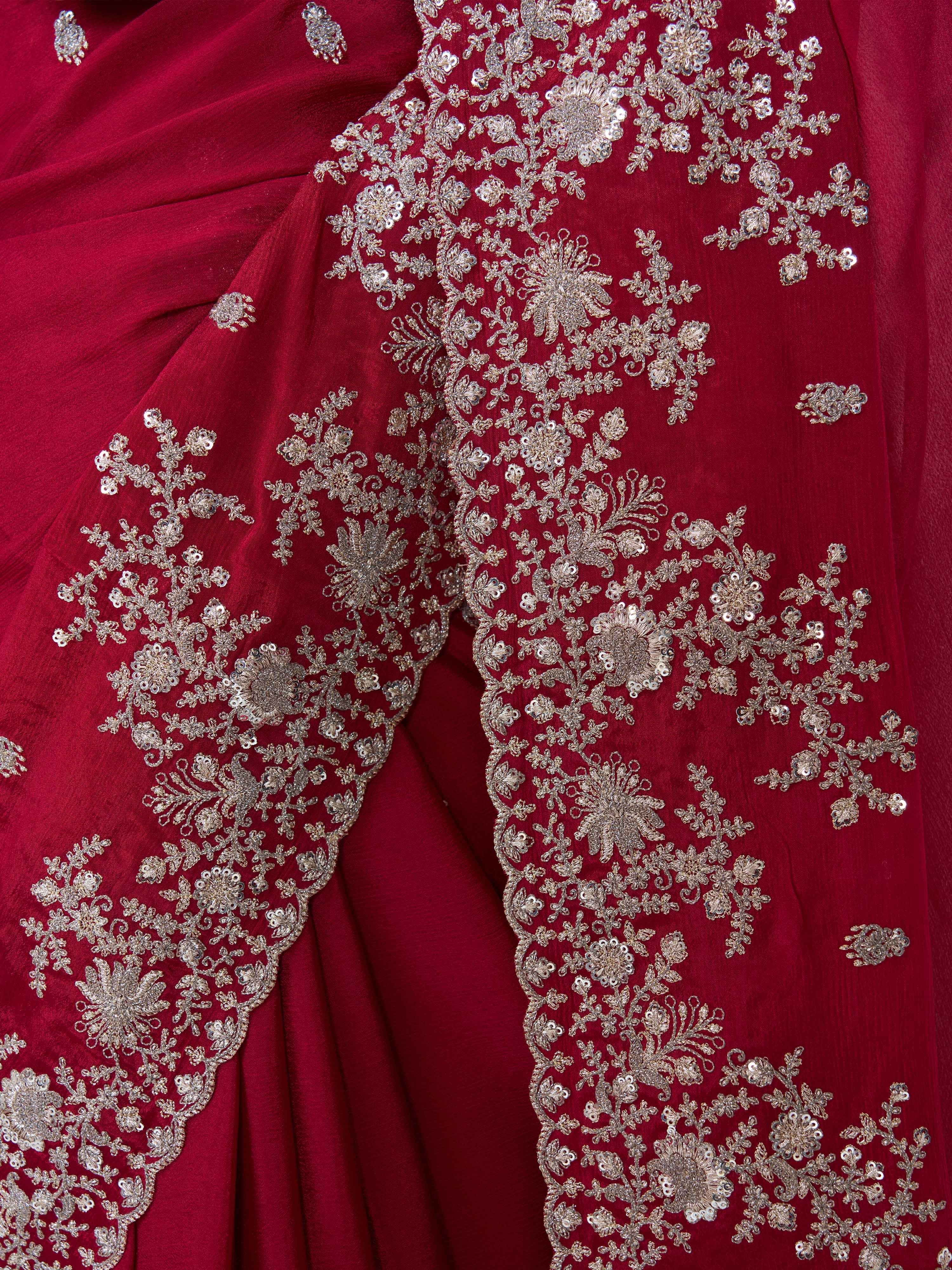 Women's Maroon Synthetic Embroidered Saree With Ready Blouse