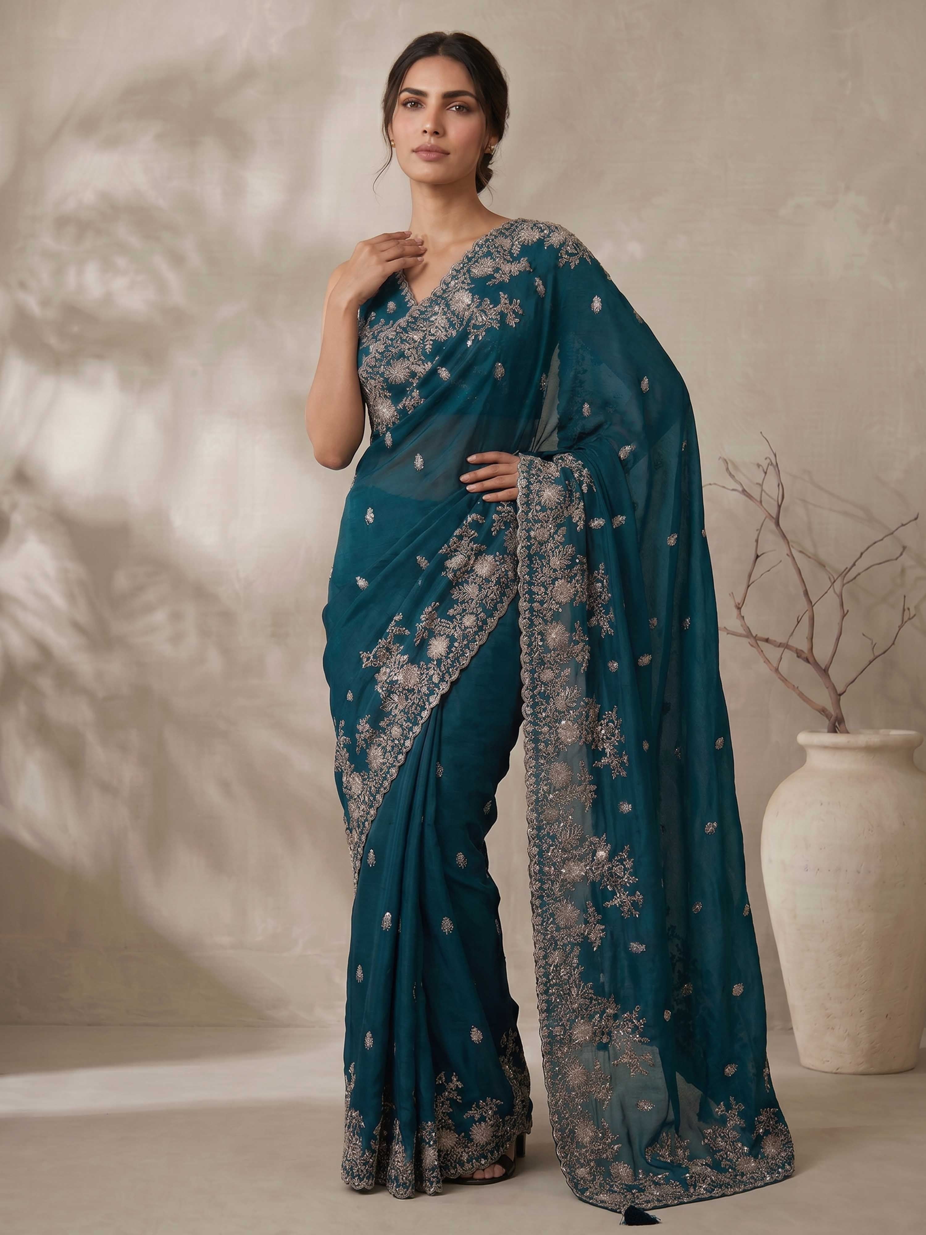 Turquoise Poly Silk Embroidered Zari Saree with Blouse