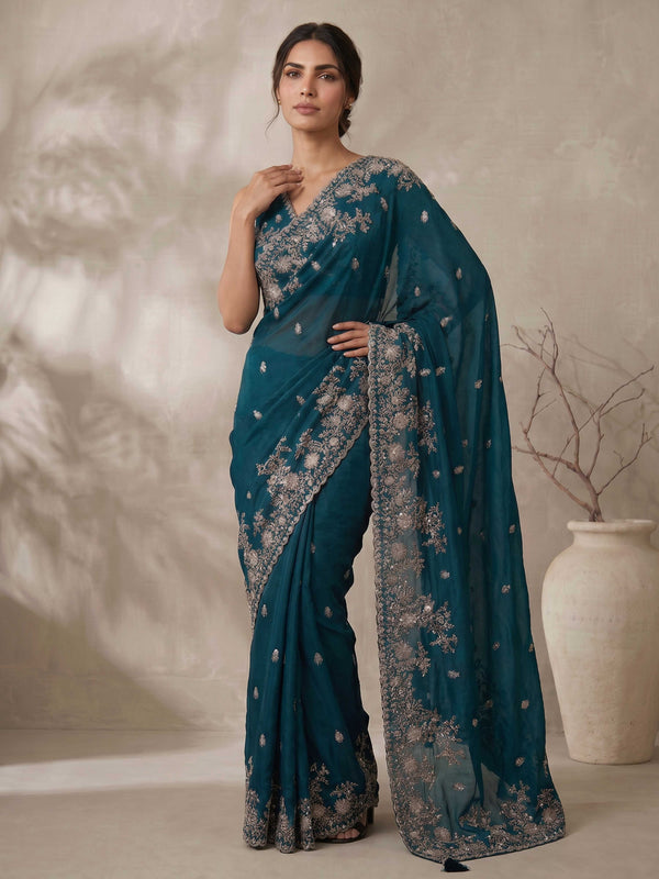 Turquoise Poly Silk Embroidered Zari Saree with Blouse