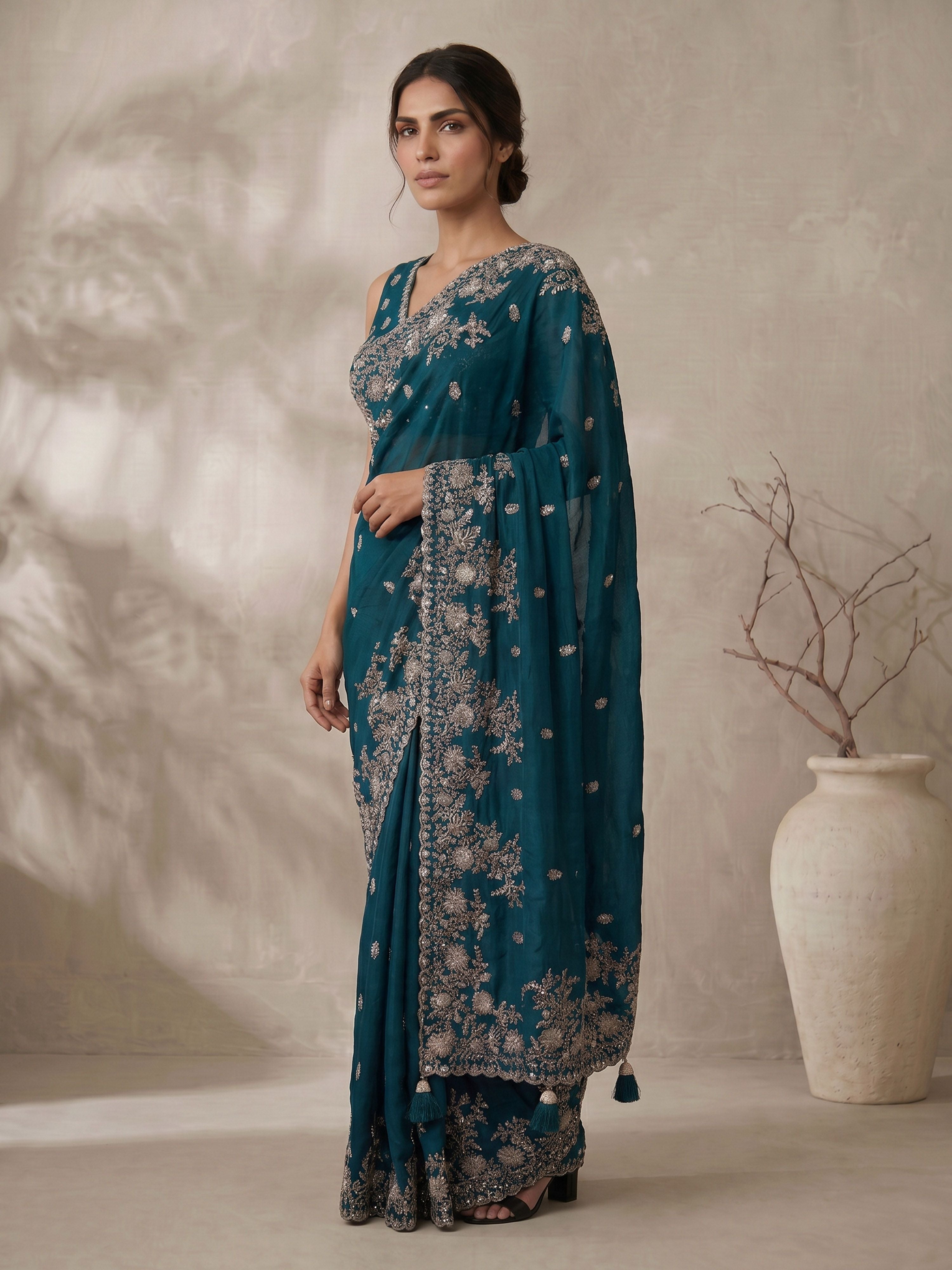 Women's Teal Synthetic Embroidered Saree With Ready Blouse