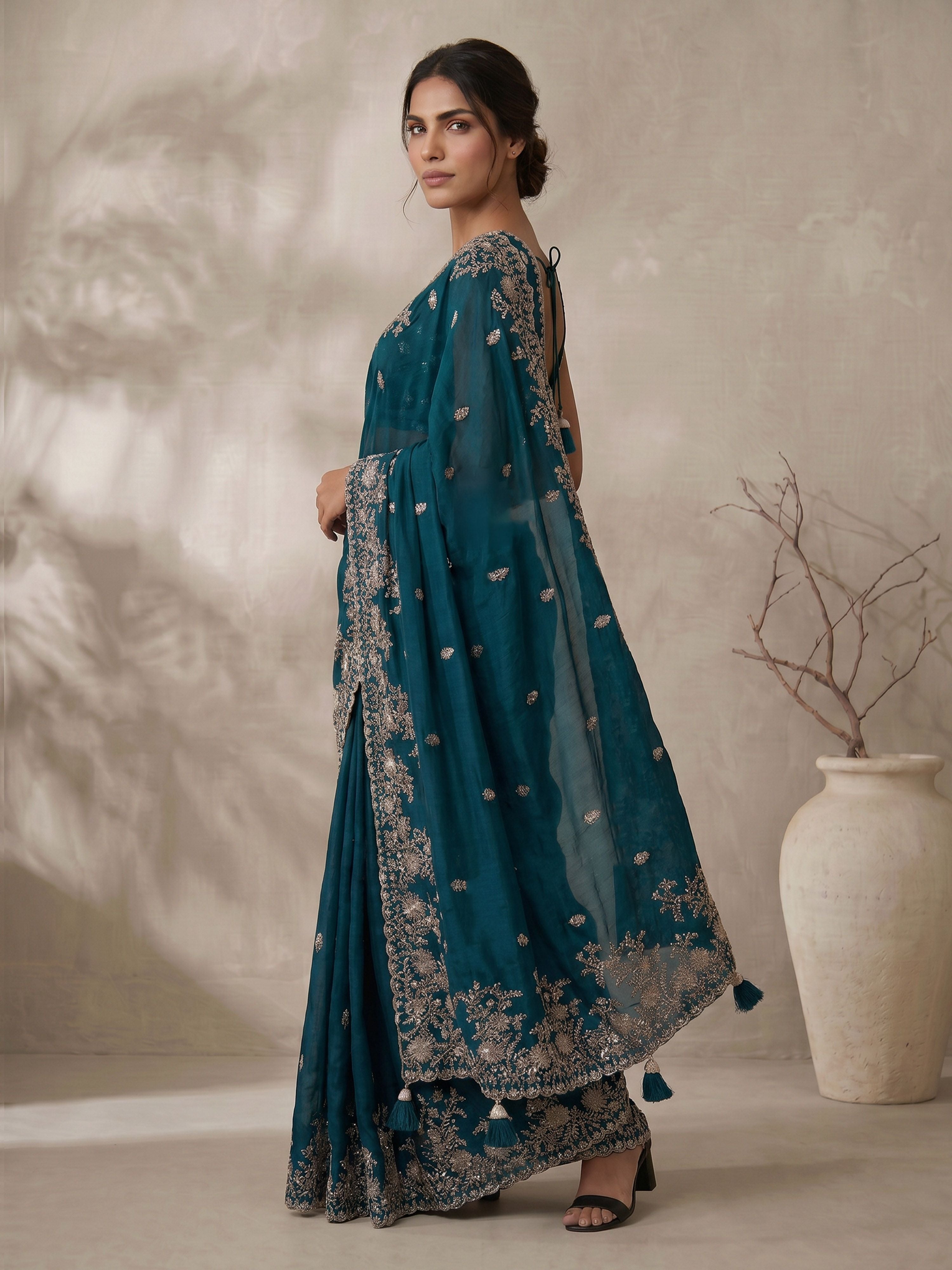 Women's Teal Synthetic Embroidered Saree With Ready Blouse