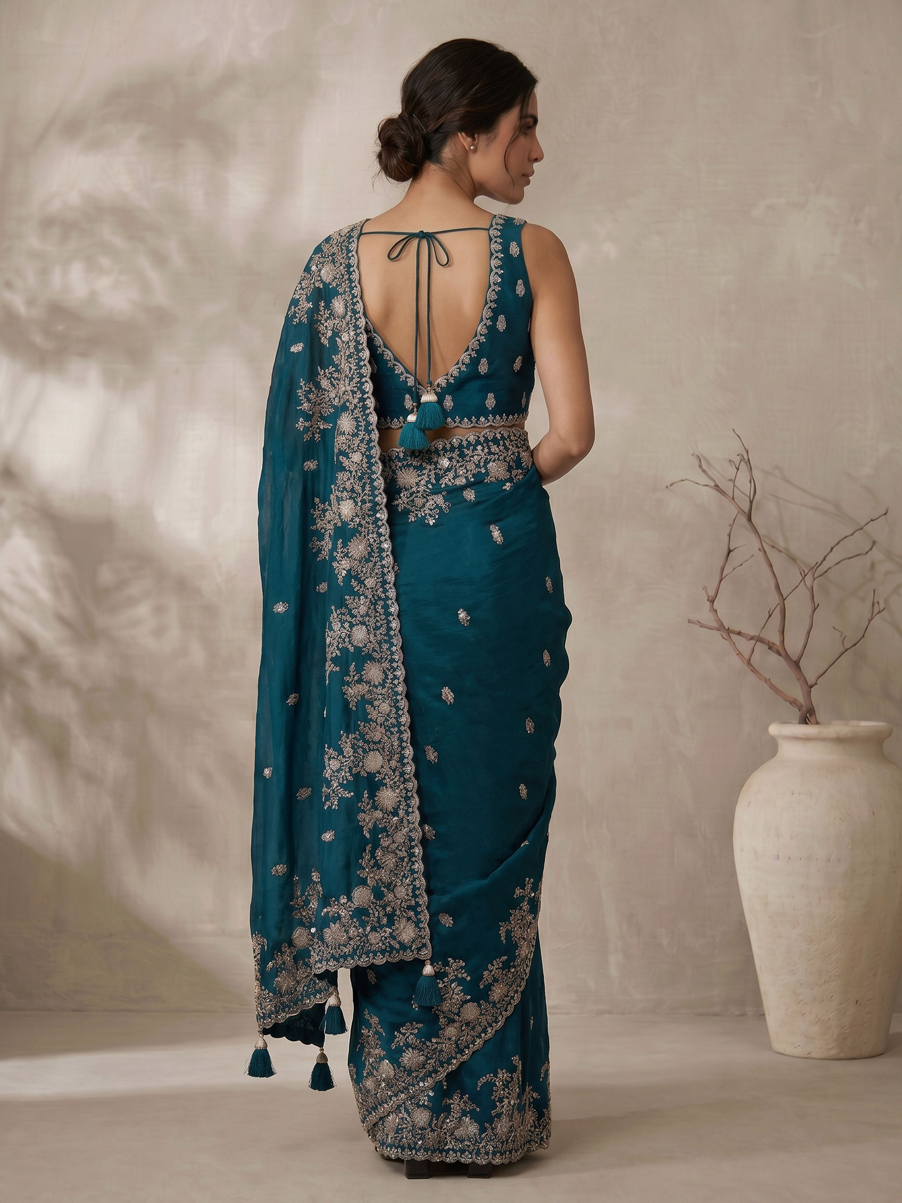 Women's Teal Synthetic Embroidered Saree With Ready Blouse
