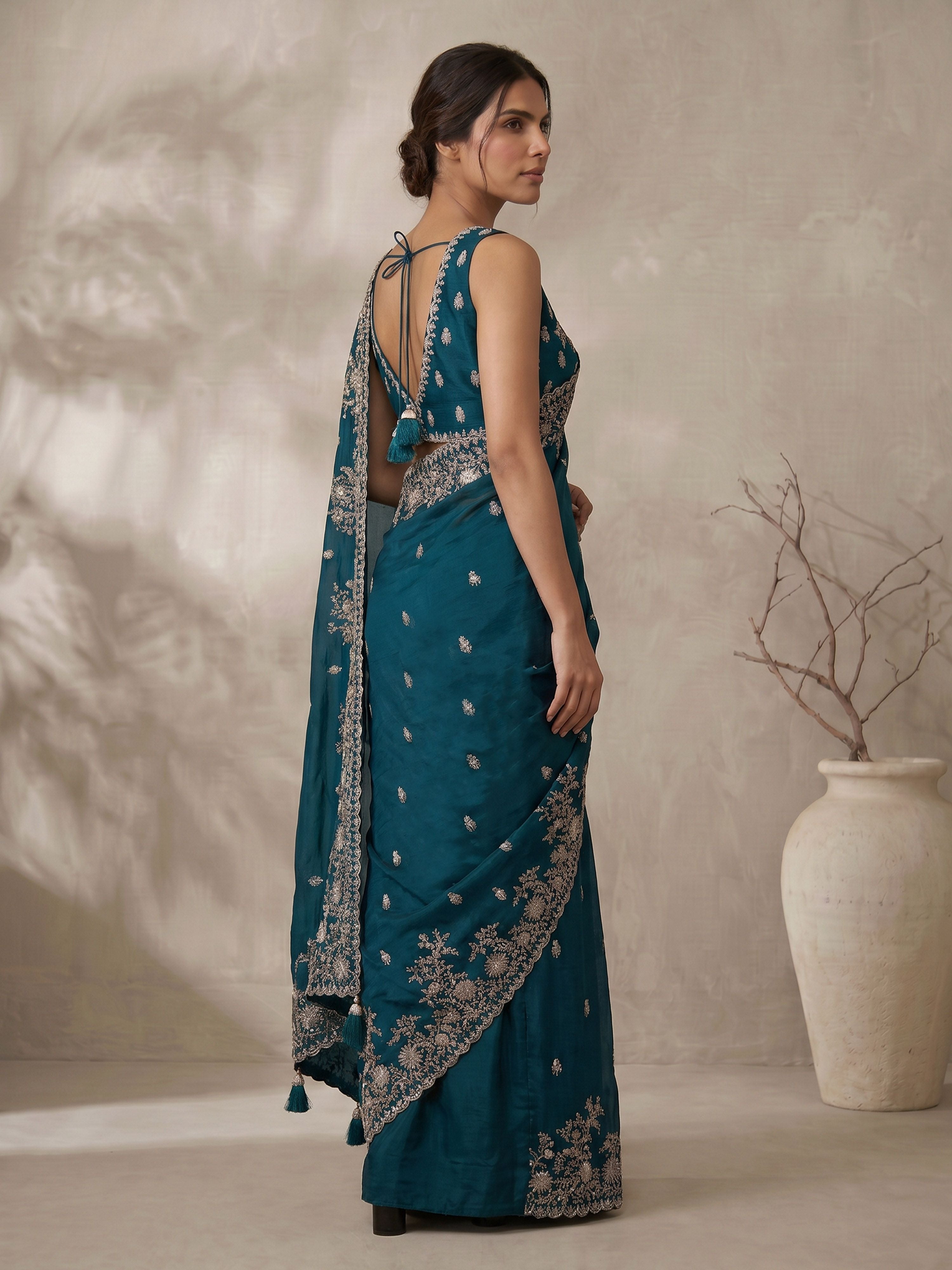 Women's Teal Synthetic Embroidered Saree With Ready Blouse