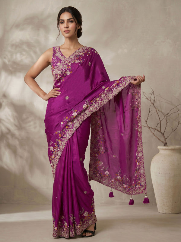 Purple Poly Silk Embroidered Saree with Ready Blouse