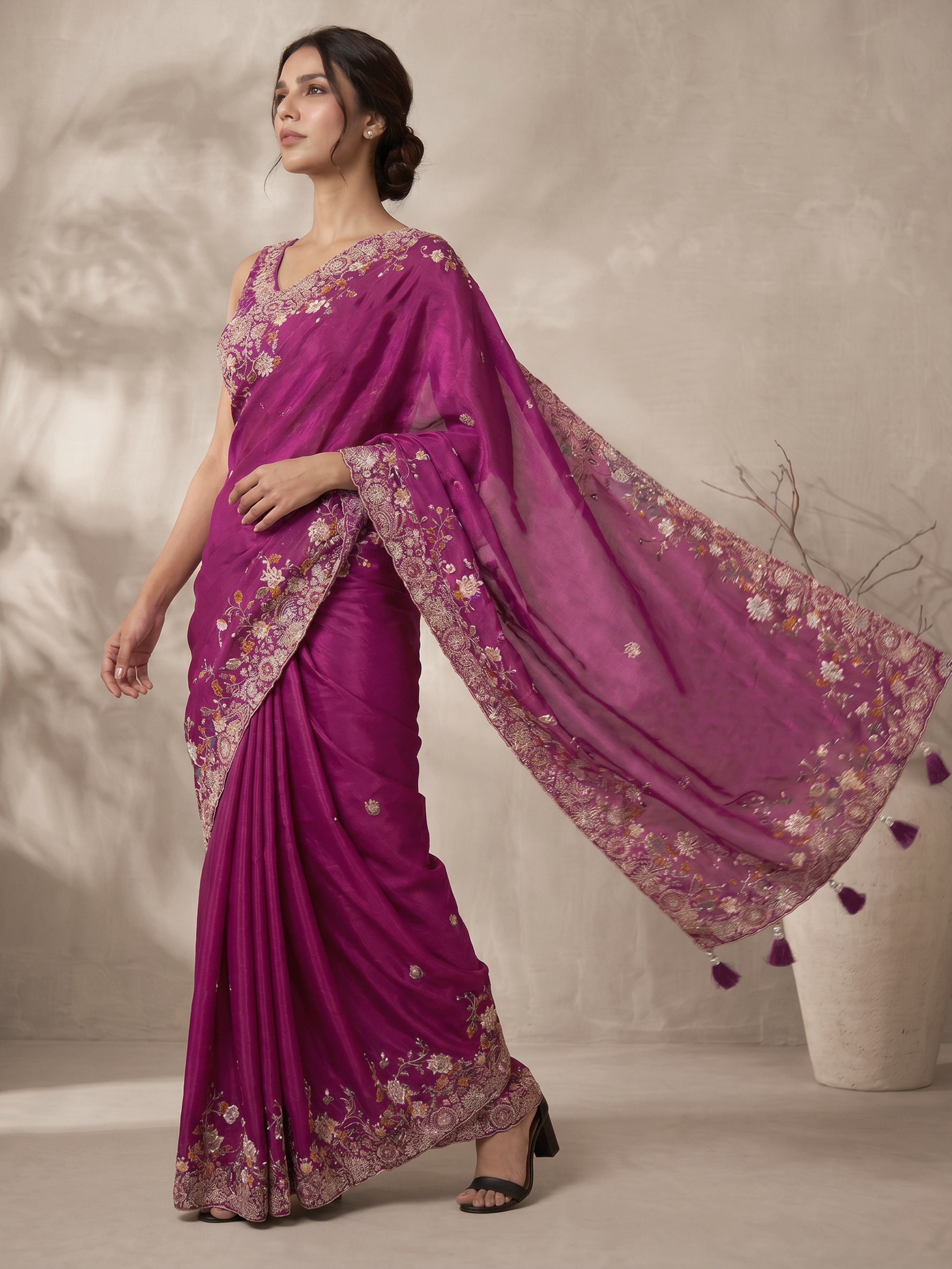 Women's Purple Art Silk Embroidered Saree With Ready Blouse