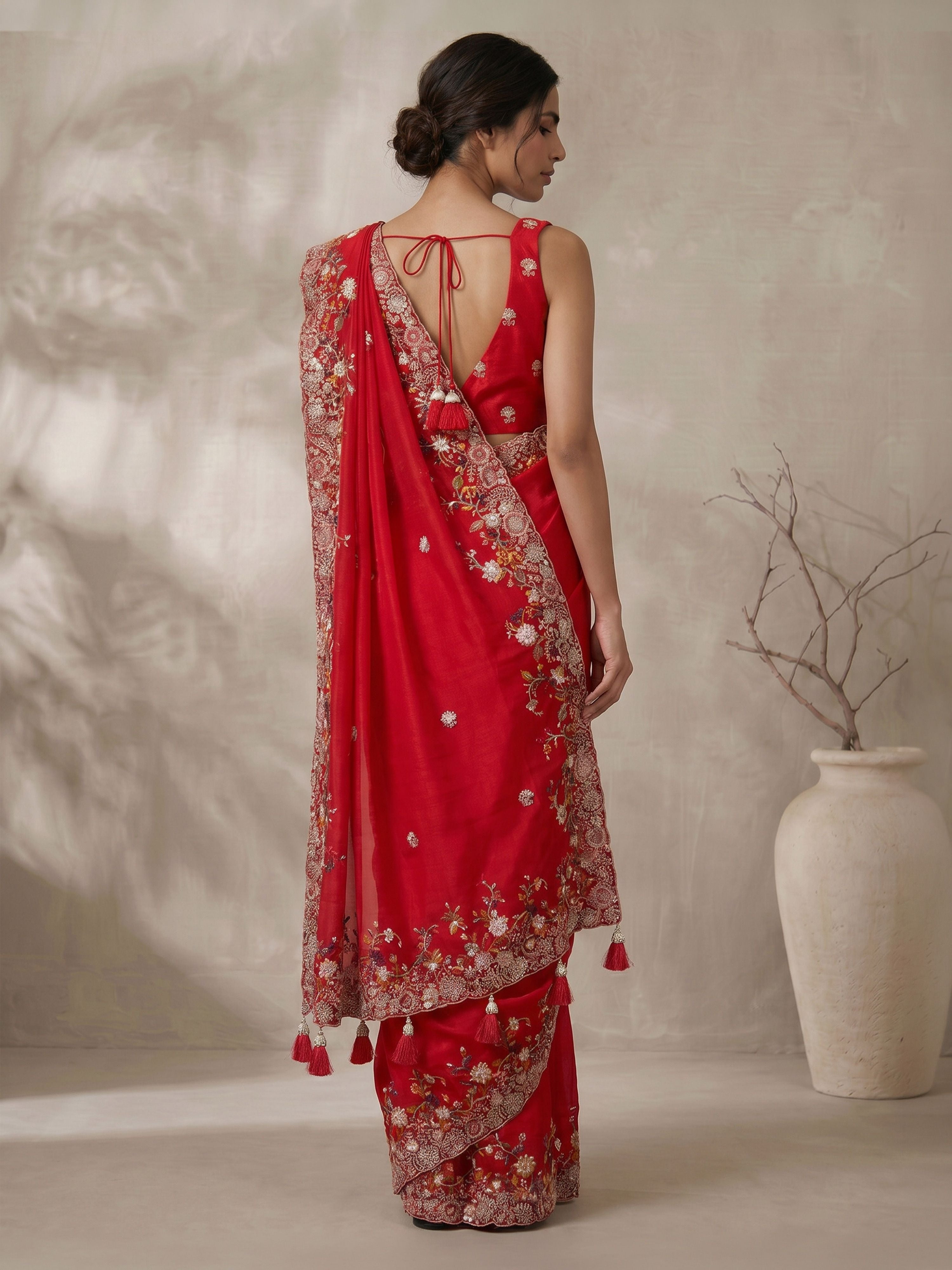 Women's Red Art Silk Embroidered Saree With Ready Blouse