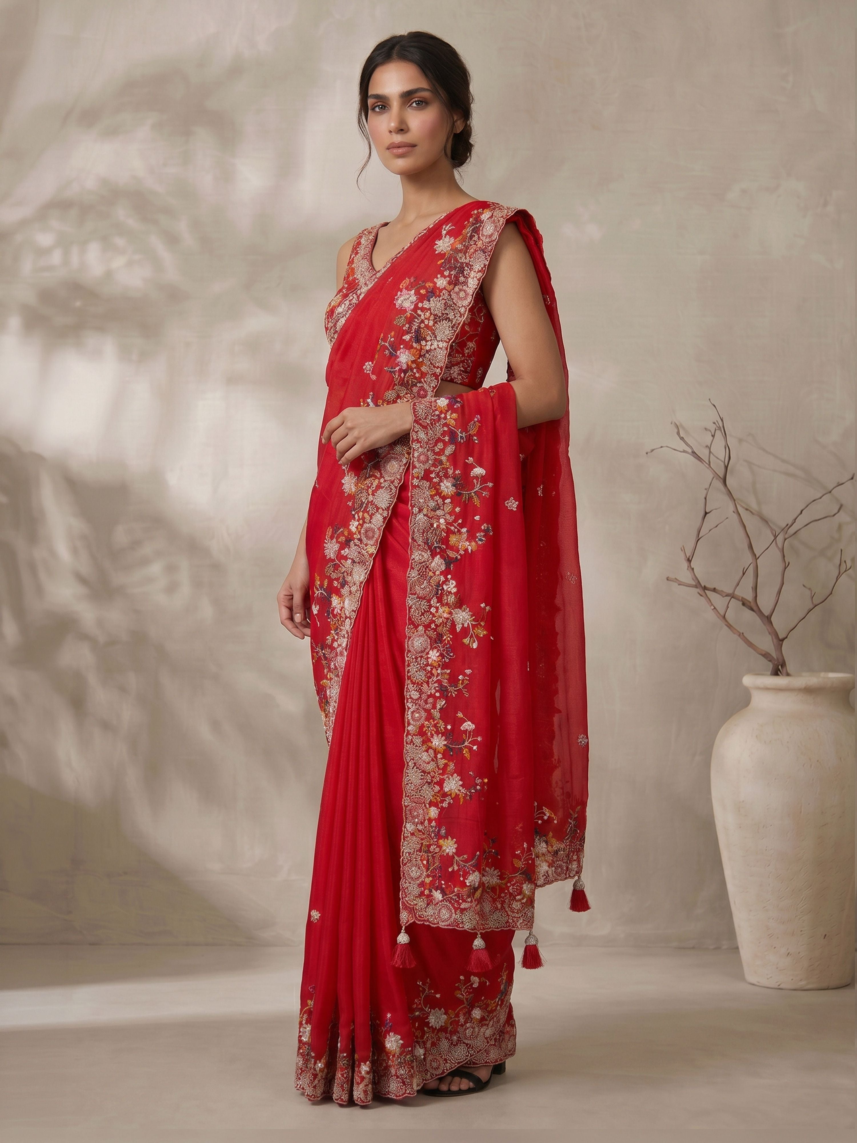 Women's Red Art Silk Embroidered Saree With Ready Blouse