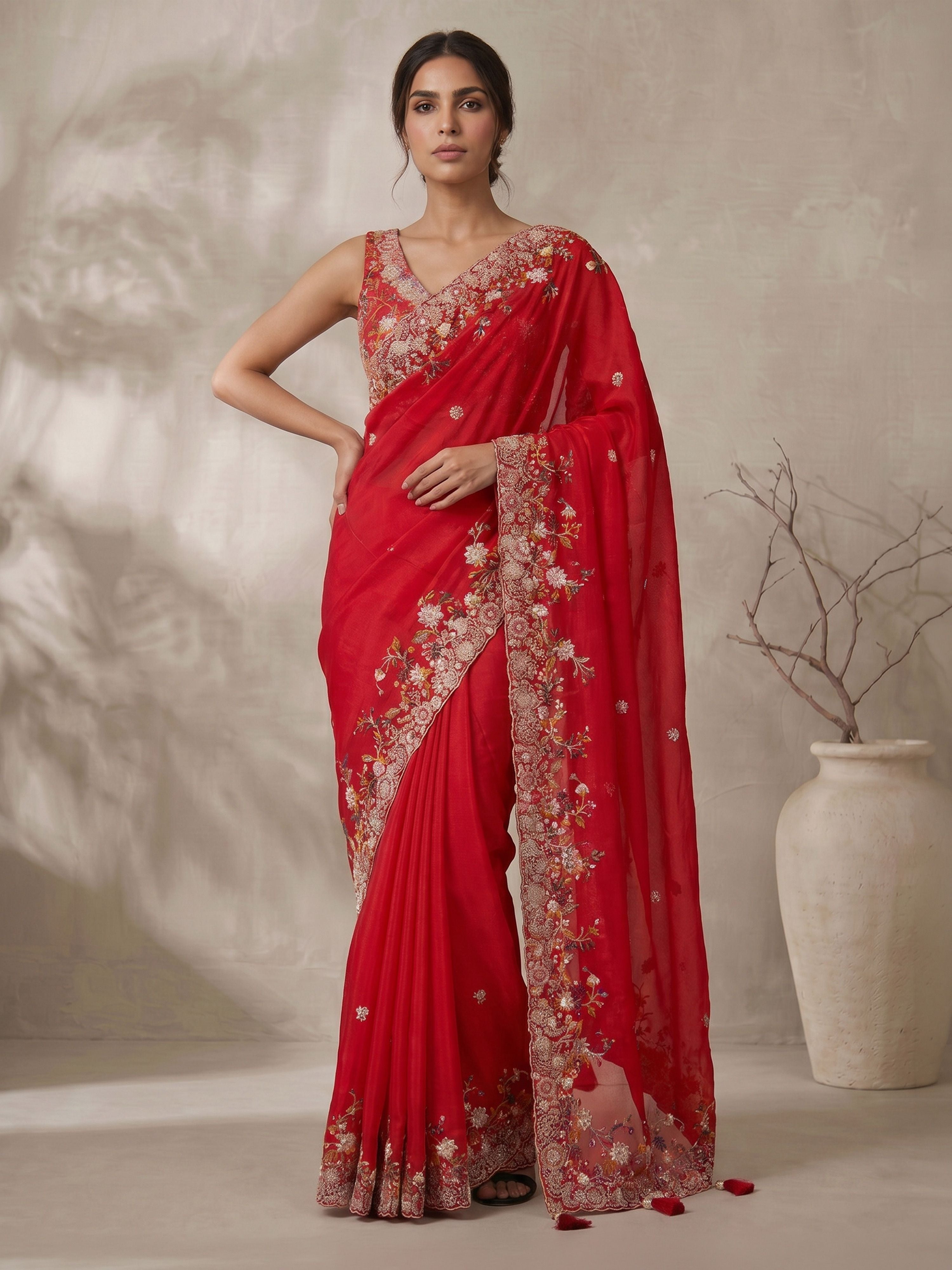 Women's Red Art Silk Embroidered Saree With Ready Blouse