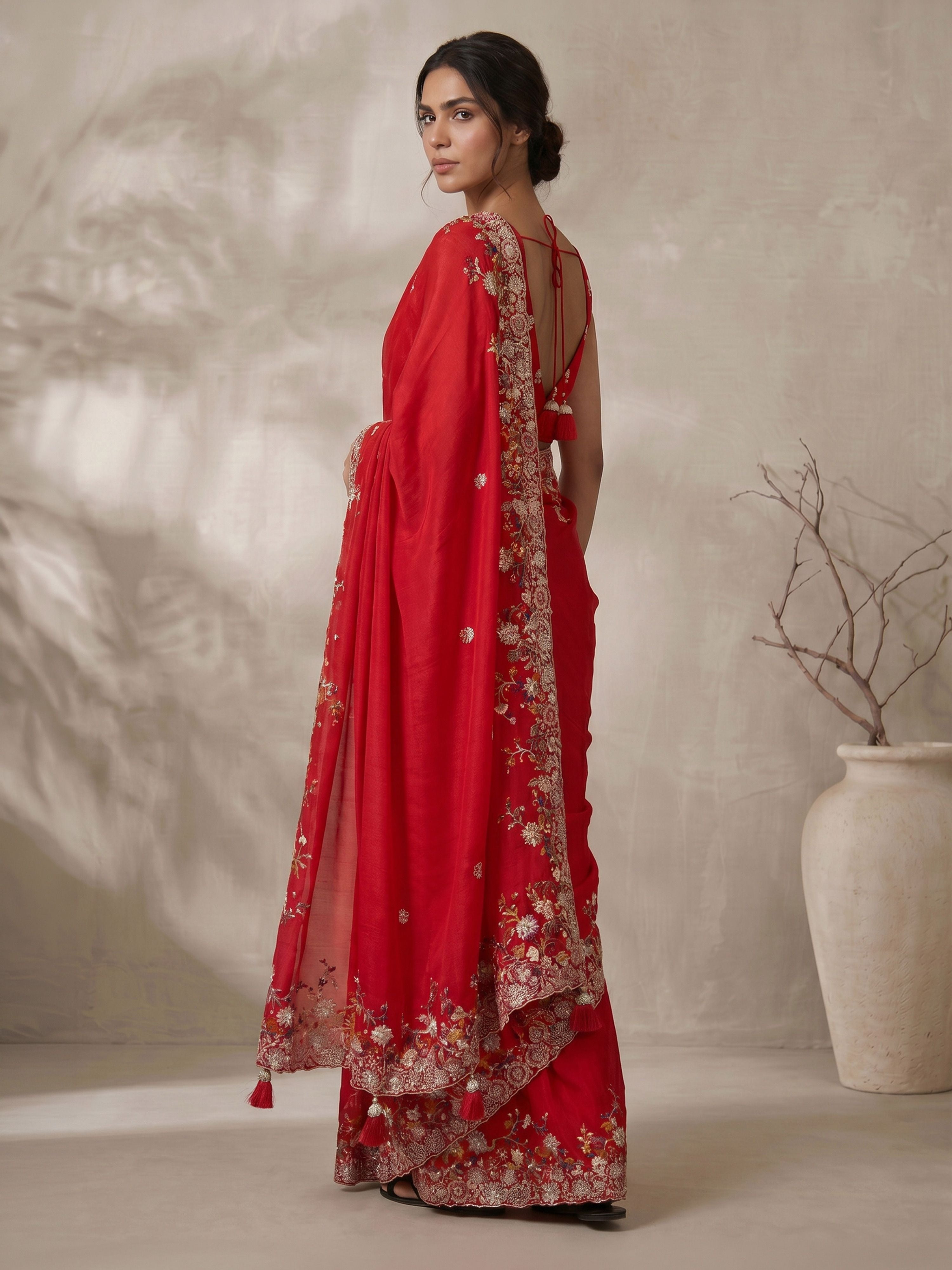 Women's Red Art Silk Embroidered Saree With Ready Blouse