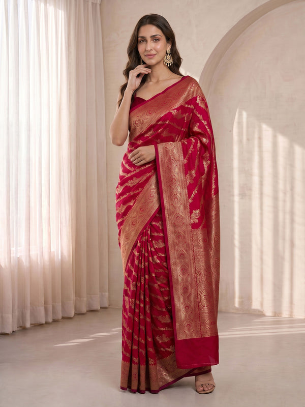 Fuchsia Cotton-Silk Saree with Gold Zari Woven Motifs