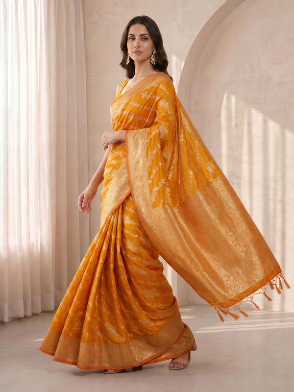 Orange Cotton-Silk Saree with Zari Border & Floral Motifs