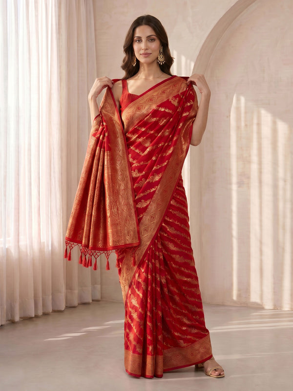 Red Cotton Silk Saree with Gold Zari Woven Floral Motifs
