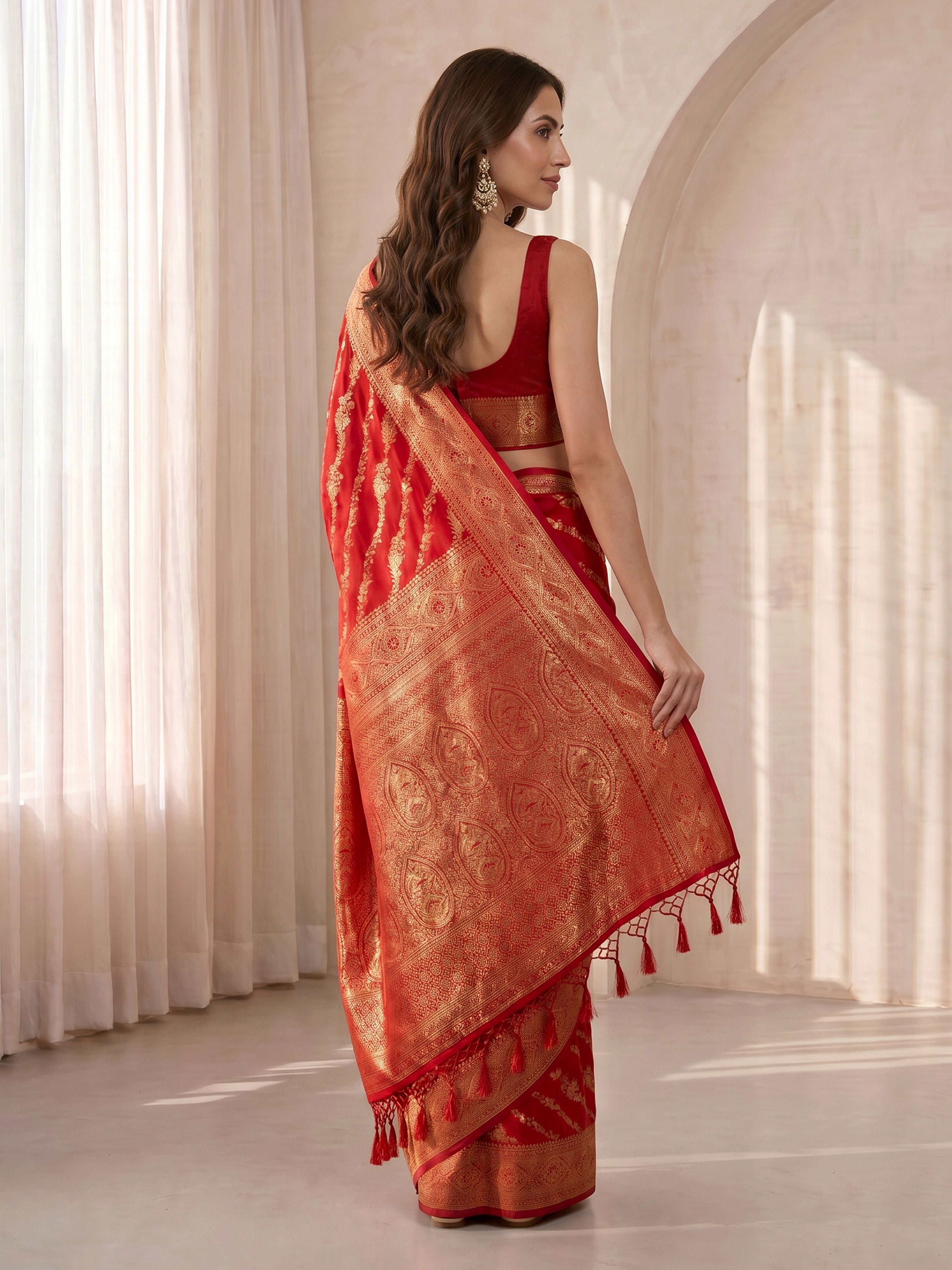 Women's Red Cotton-Silk Ethnic Motifs Saree With Unstitched Blouse Piece