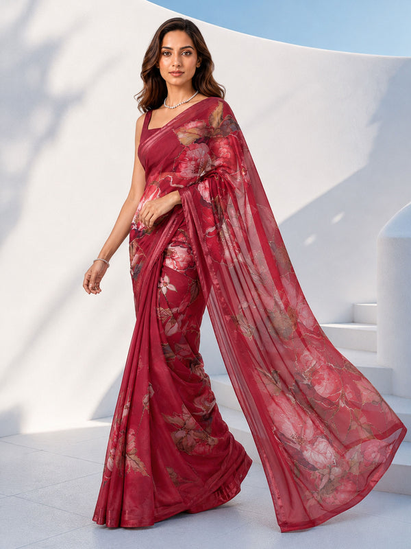 Red Silk Blend Floral Printed Saree with Blouse Piece
