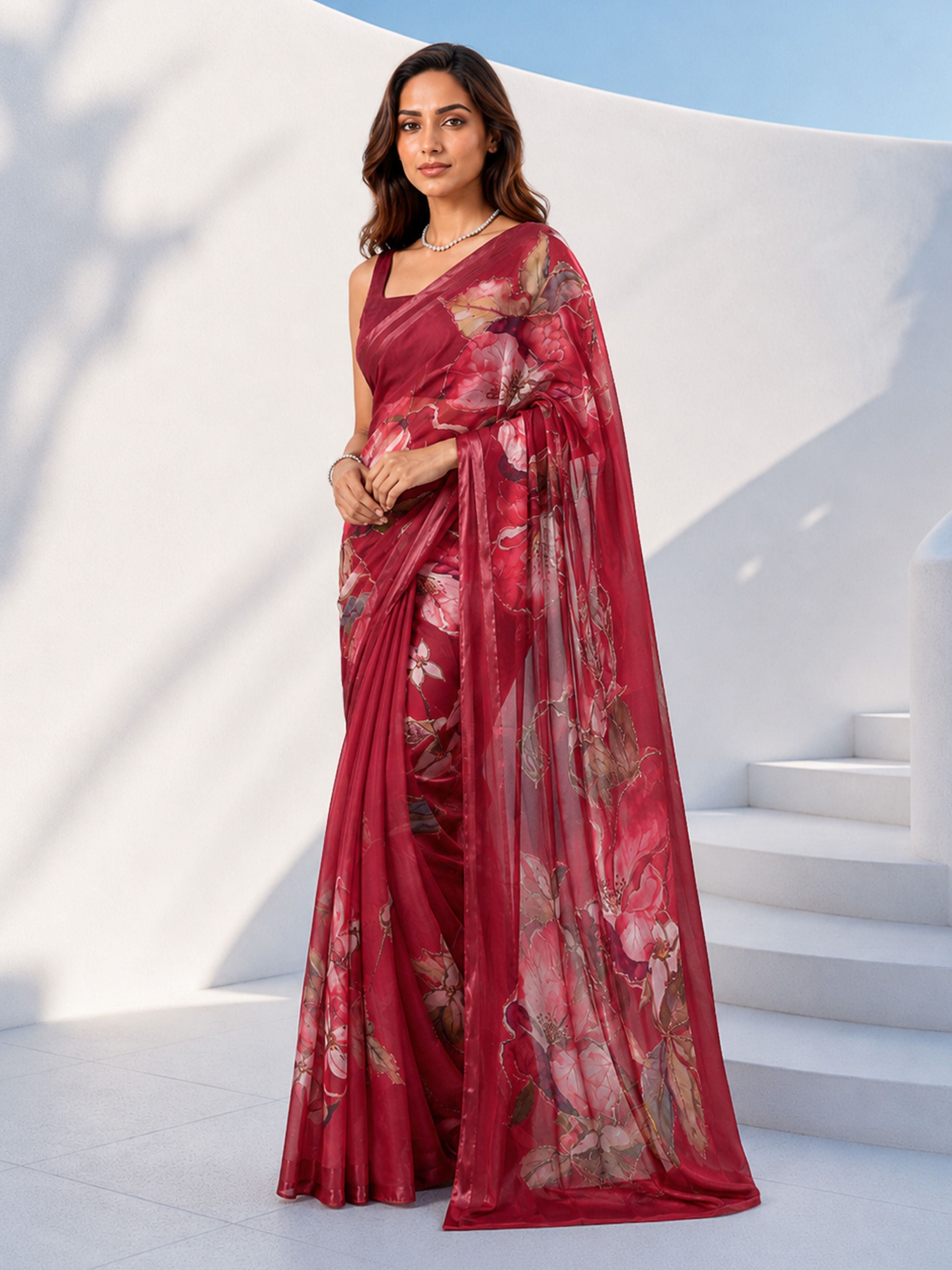 Women's Red Silk-Blend Floral Print Saree With Unstitched Blouse Piece