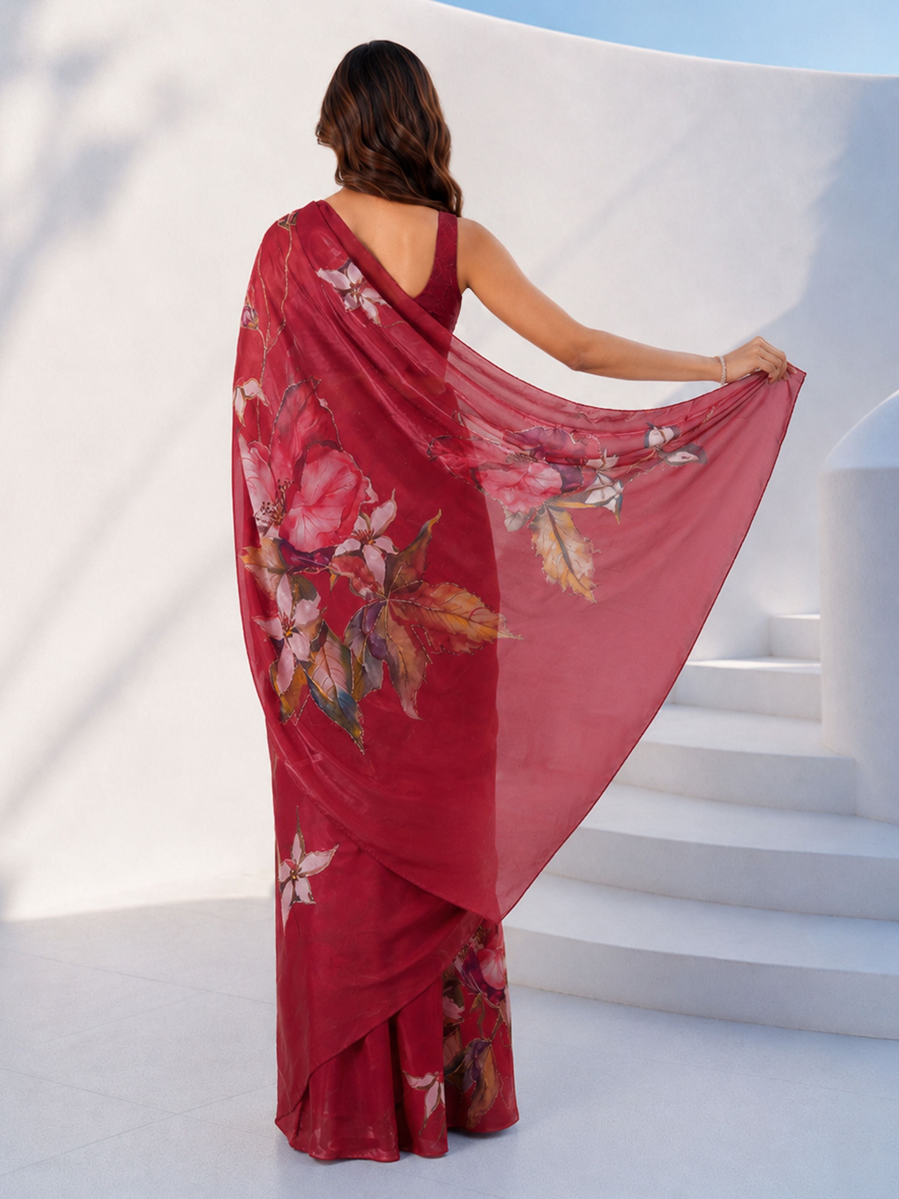 Women's Red Silk-Blend Floral Print Saree With Unstitched Blouse Piece