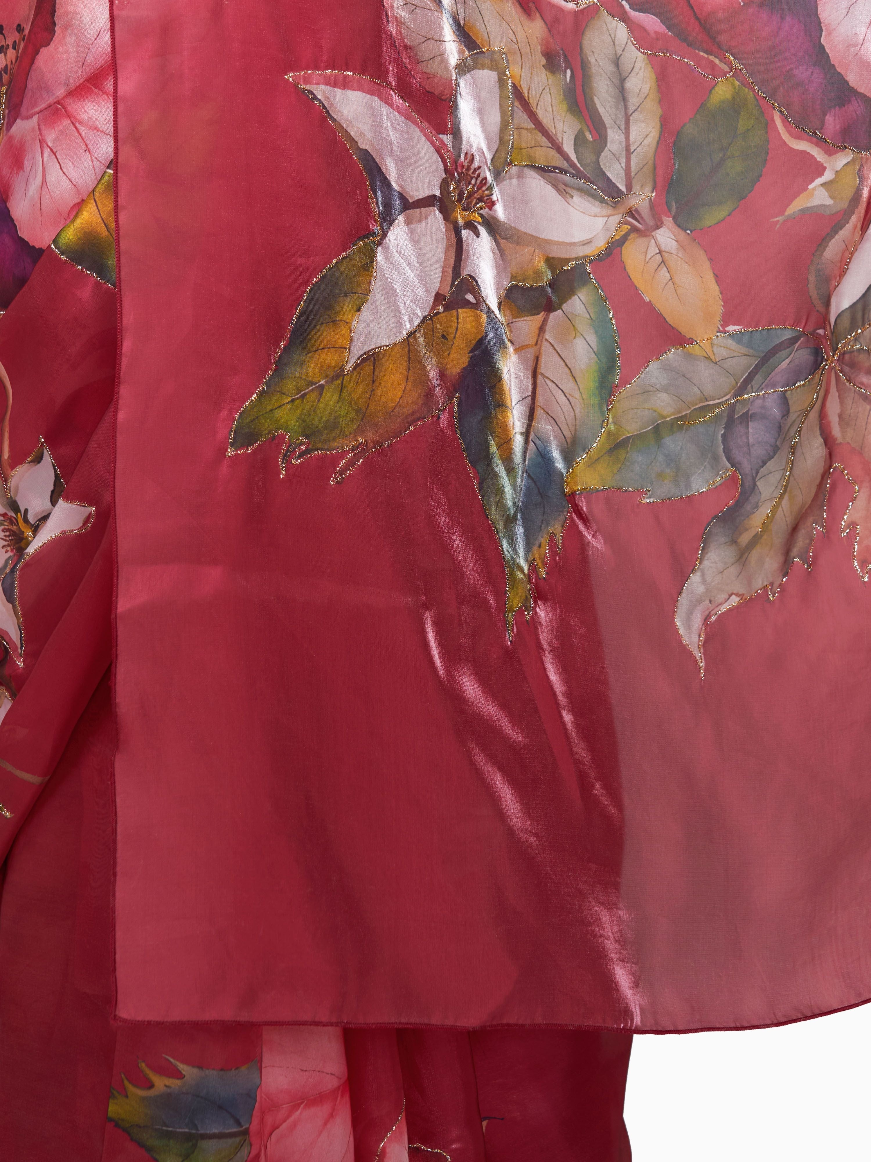 Women's Red Silk-Blend Floral Print Saree With Unstitched Blouse Piece