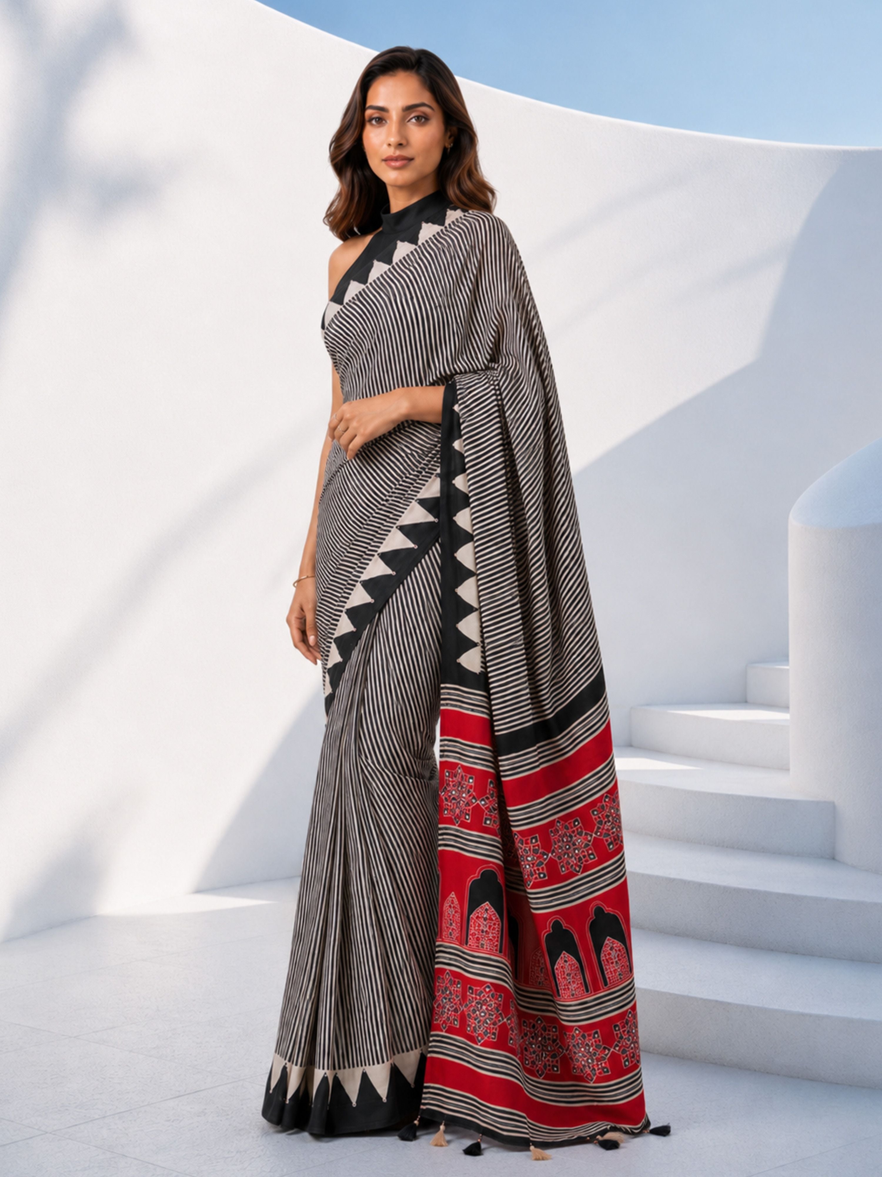 Black Silk Blend Printed Saree with Red Pallu & Tassels