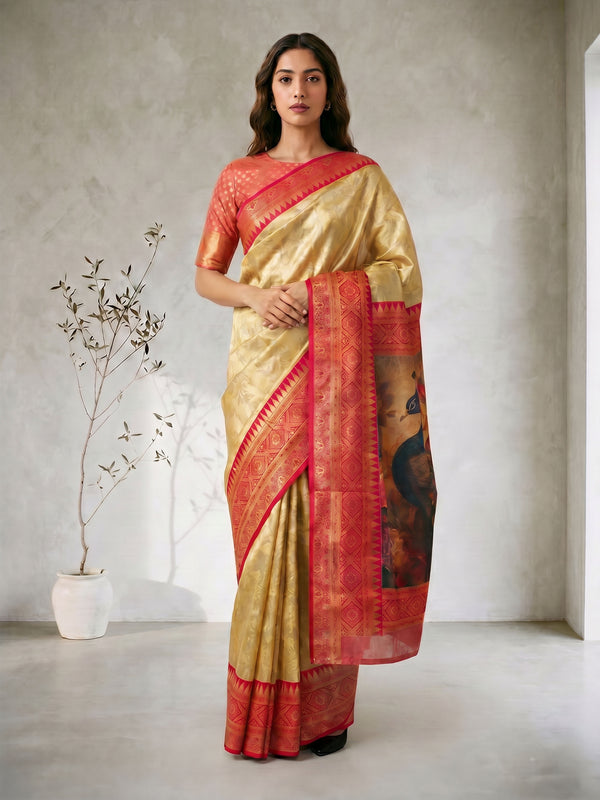 Gold Silk Cotton Saree with Fuchsia Zari Border