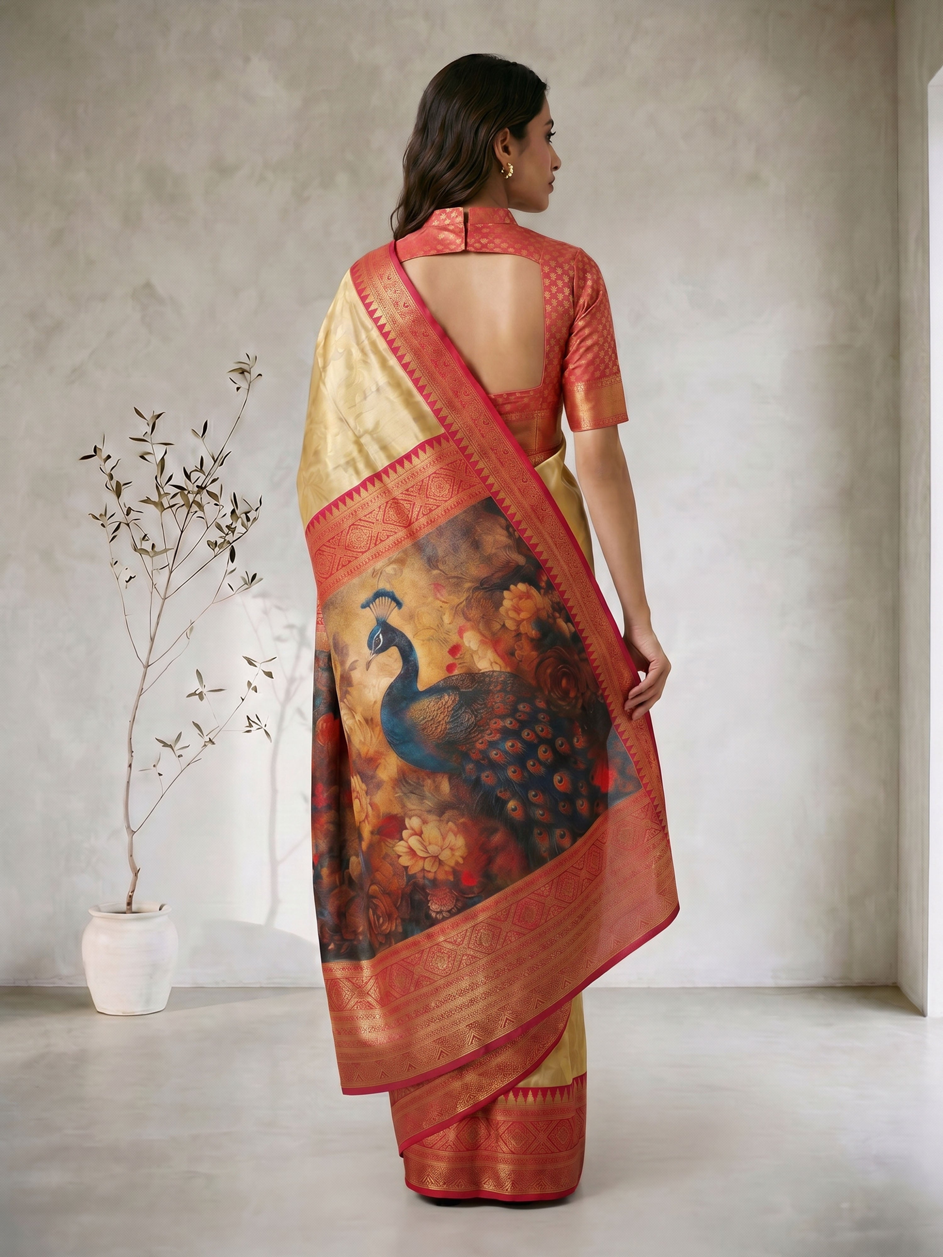 Women's Gold Cotton-Silk Ethnic Motifs Saree With Unstitched Blouse Piece