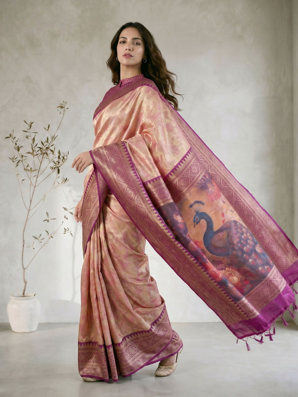 Purple Cotton-Silk Saree with Zari Border & Peacock Pallu