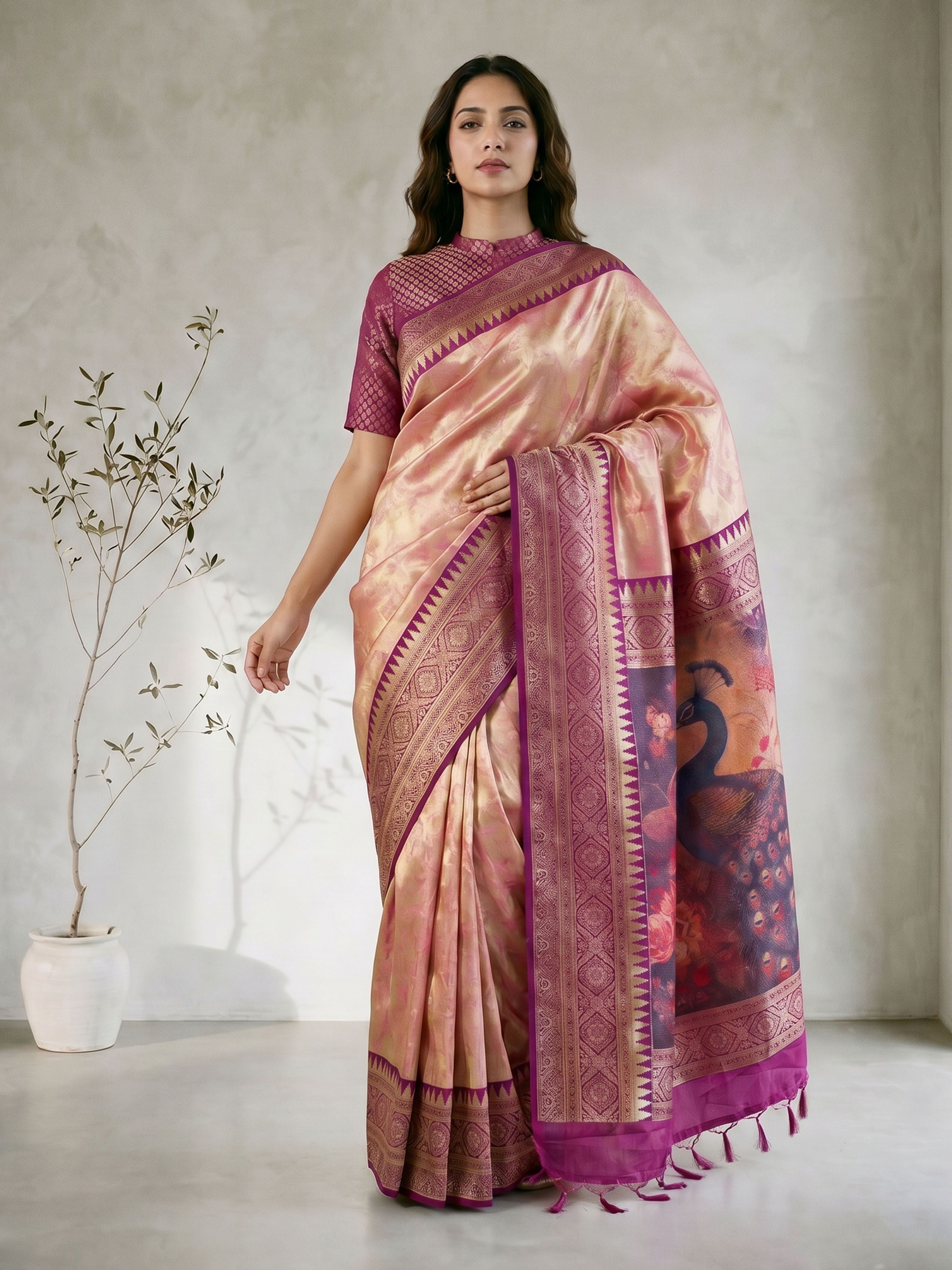 Women's Purple Cotton-Silk Ethnic Motifs Saree With Unstitched Blouse Piece