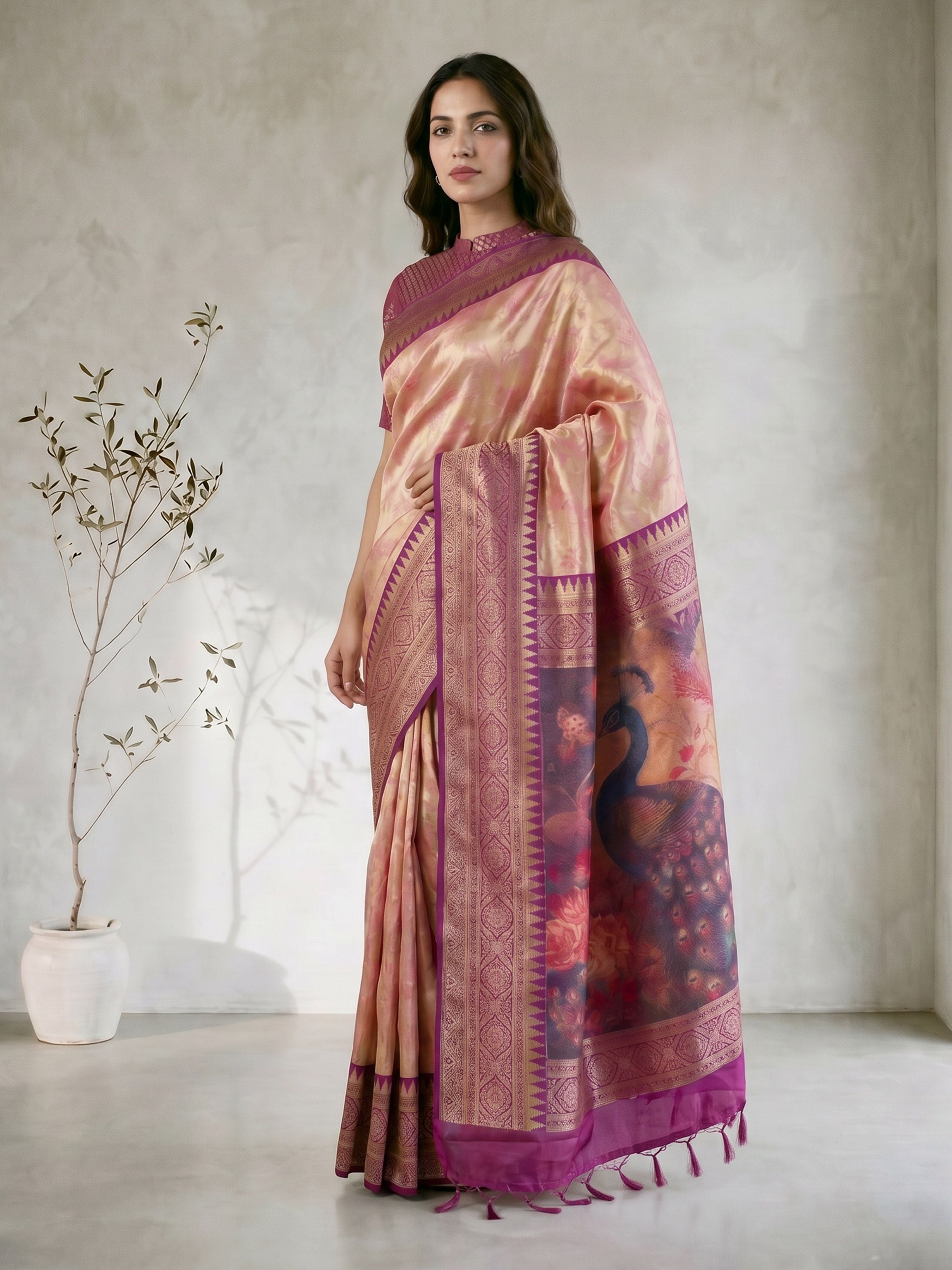 Women's Purple Cotton-Silk Ethnic Motifs Saree With Unstitched Blouse Piece