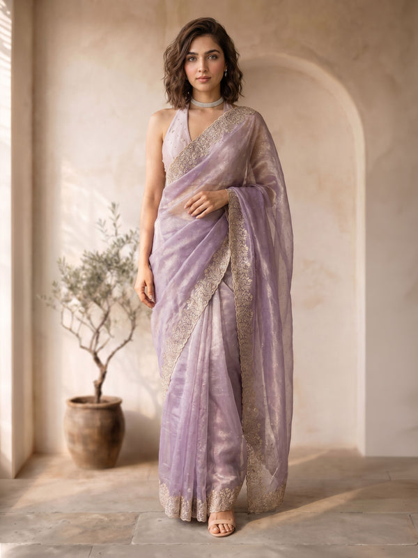 Lavender Organza Embroidered Saree with Blouse Piece