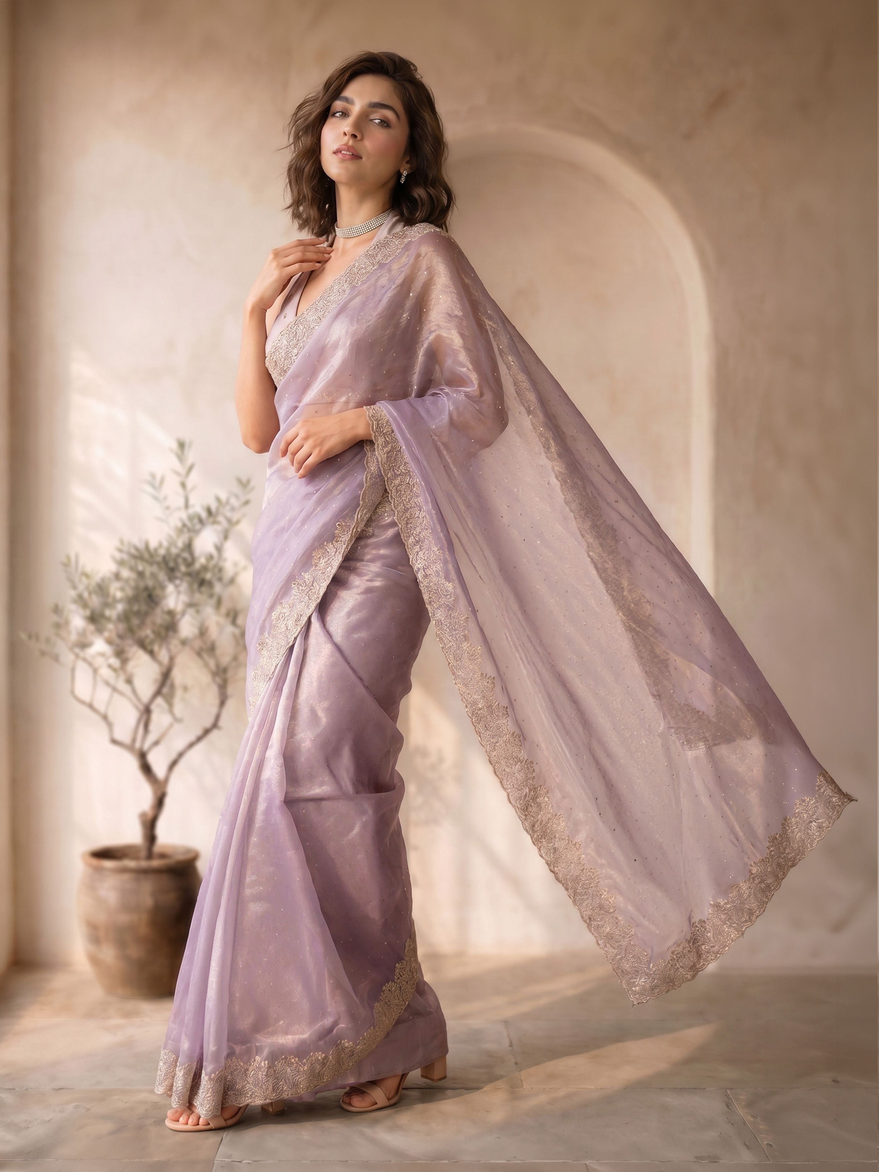 Women's Lavender Organza Embroidered Saree With Unstitched Blouse Piece