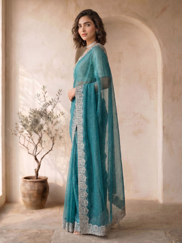 Turquoise Organza Embroidered Saree with Silver Border