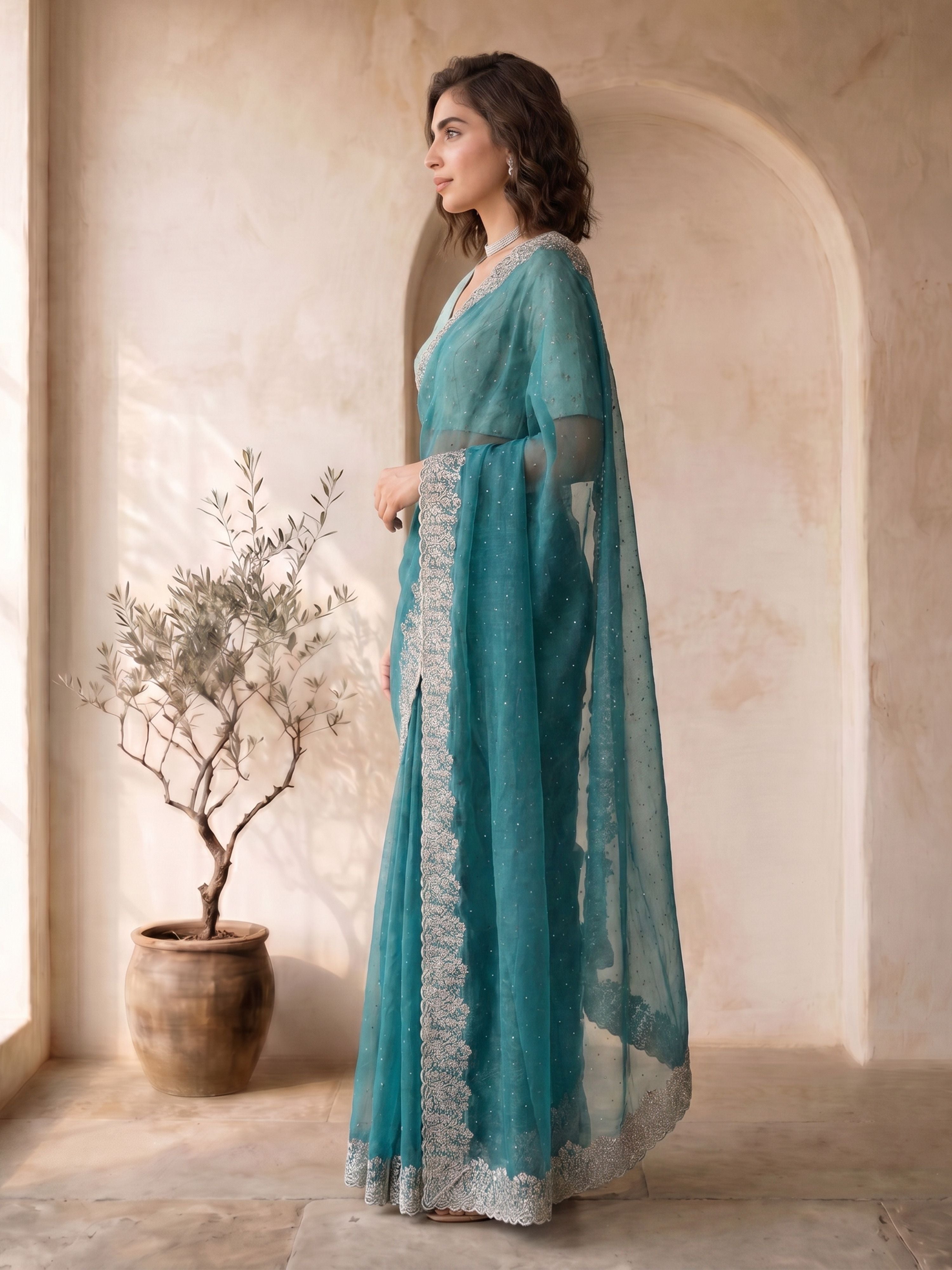 Women's Turquoise Blue Organza Embroidered Saree With Unstitched Blouse Piece