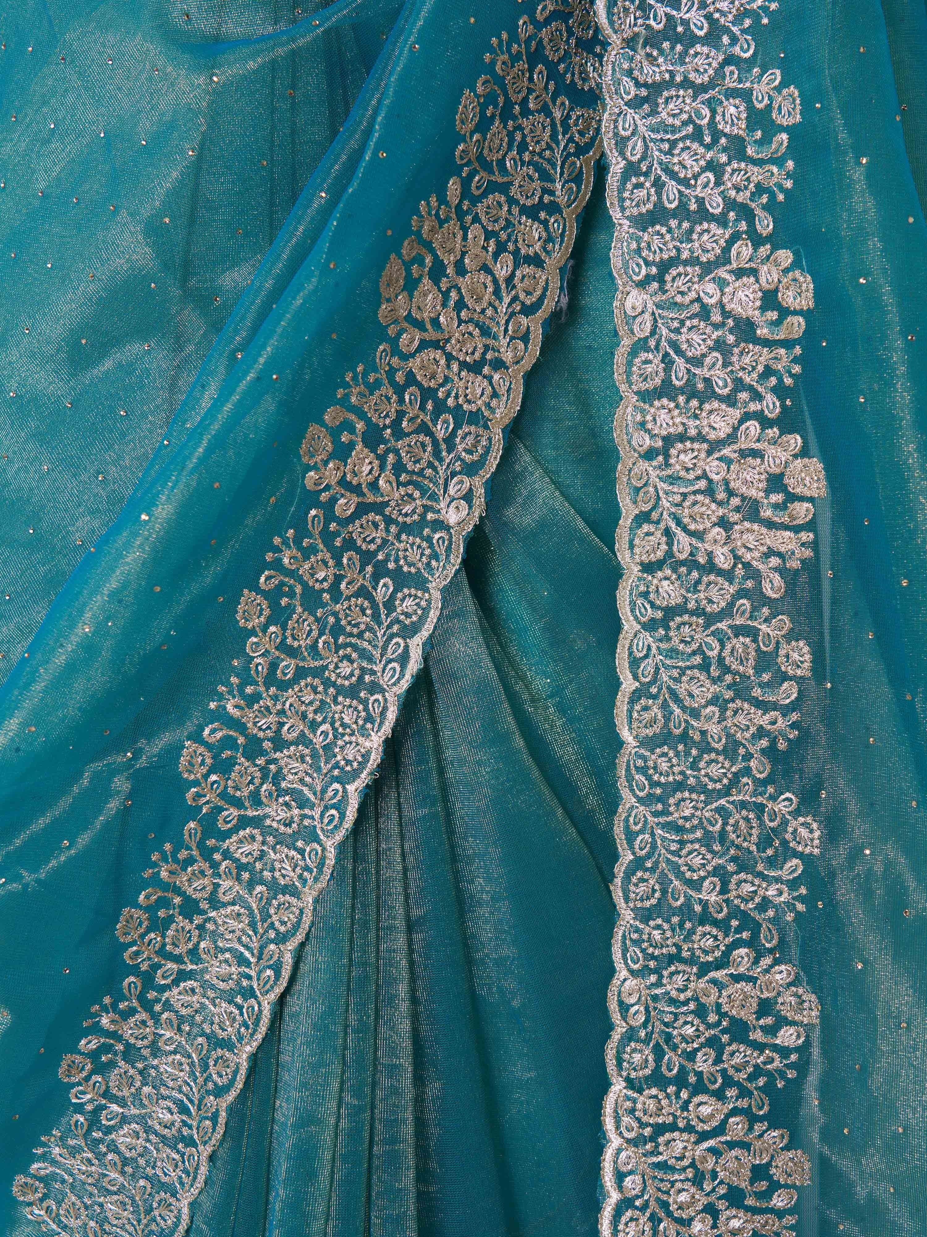 Women's Turquoise Blue Organza Embroidered Saree With Unstitched Blouse Piece