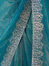 Women's Turquoise Blue Organza Embroidered Saree With Unstitched Blouse Piece
