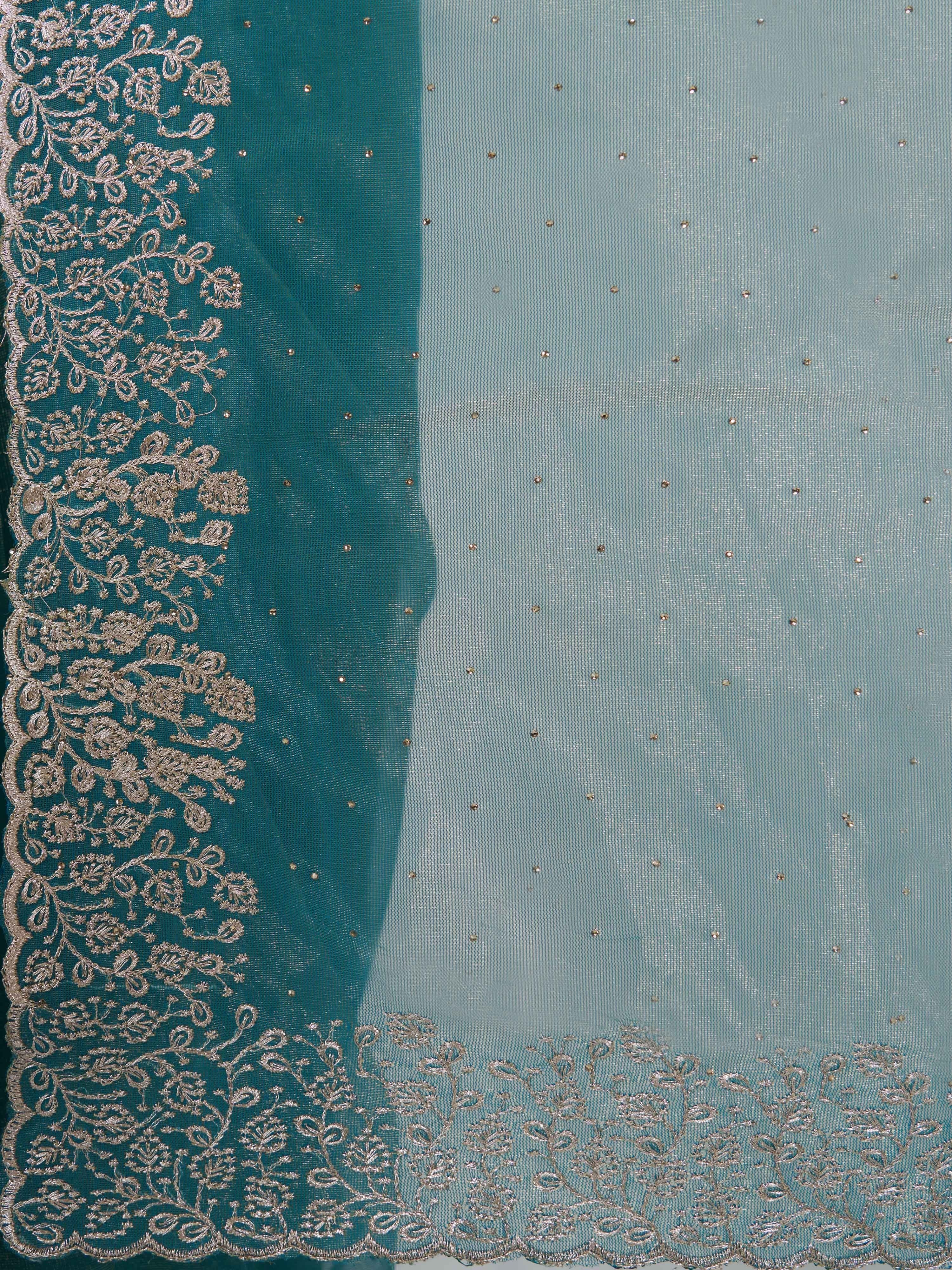 Women's Turquoise Blue Organza Embroidered Saree With Unstitched Blouse Piece