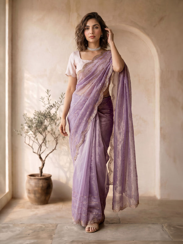 Lavender Organza Saree with Gold Sequin Border & Tassels
