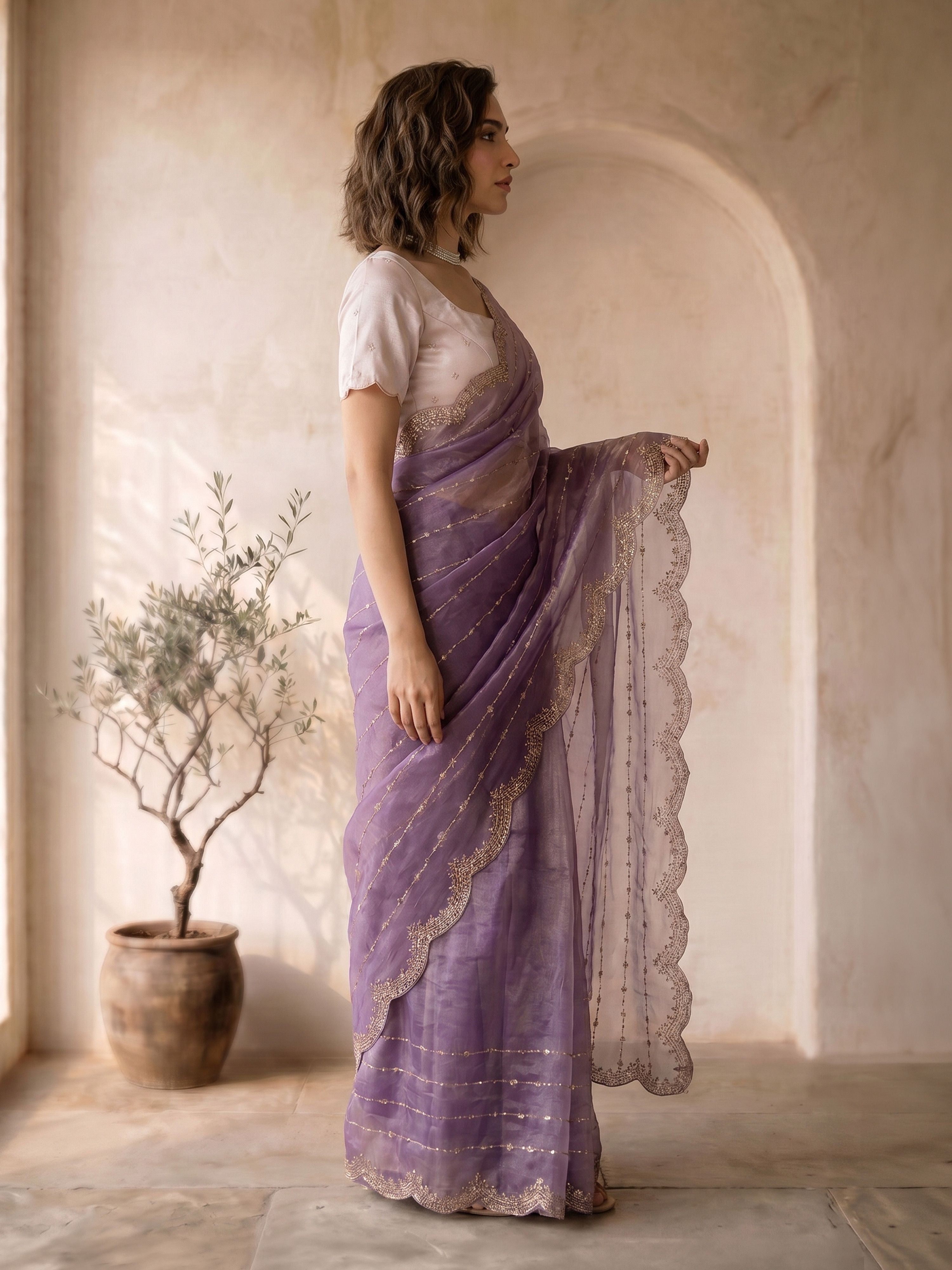 Women's Lavender Organza Ethnic Motifs Saree With Unstitched Blouse Piece