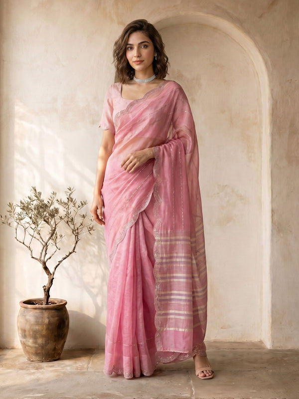 Pink Organza Saree with Sequins & Stone Work Border