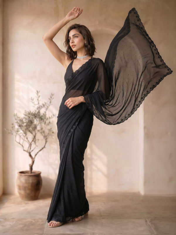 Black Poly Georgette Saree with Sequin Border & Pallu