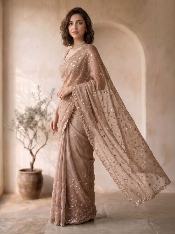 Peach Organza Embroidered Sequin Saree with Blouse Piece