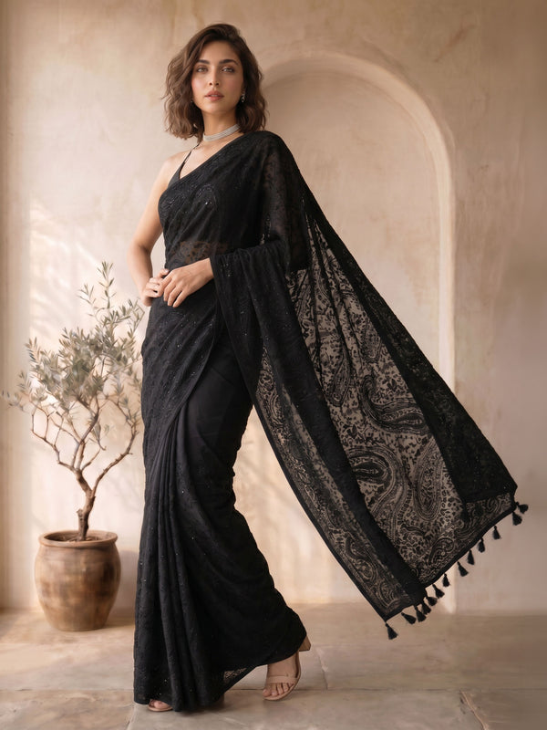 Black Poly Georgette Floral Printed Saree with Tassels