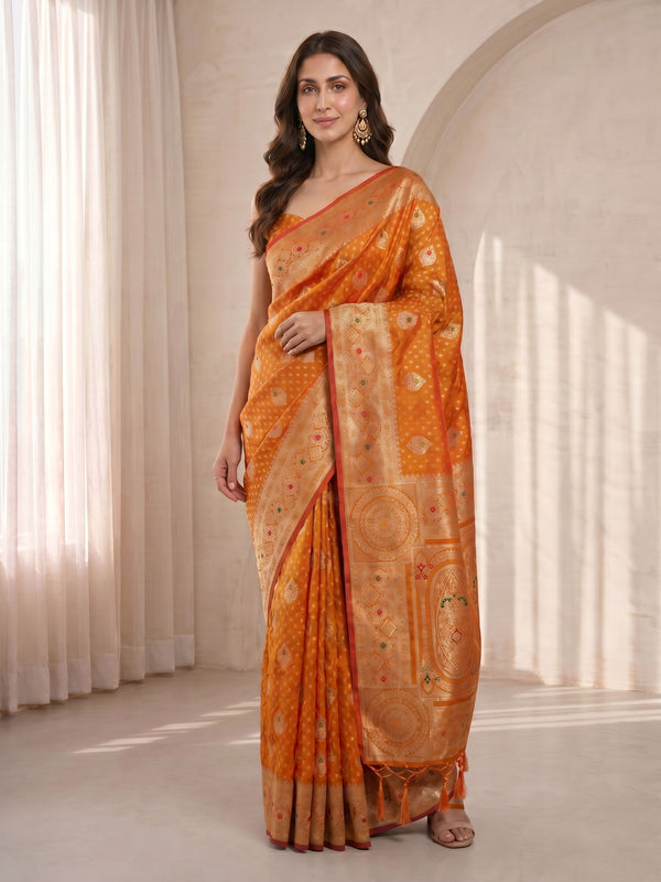 Orange Cotton-Silk Zari Woven Saree with Tassels