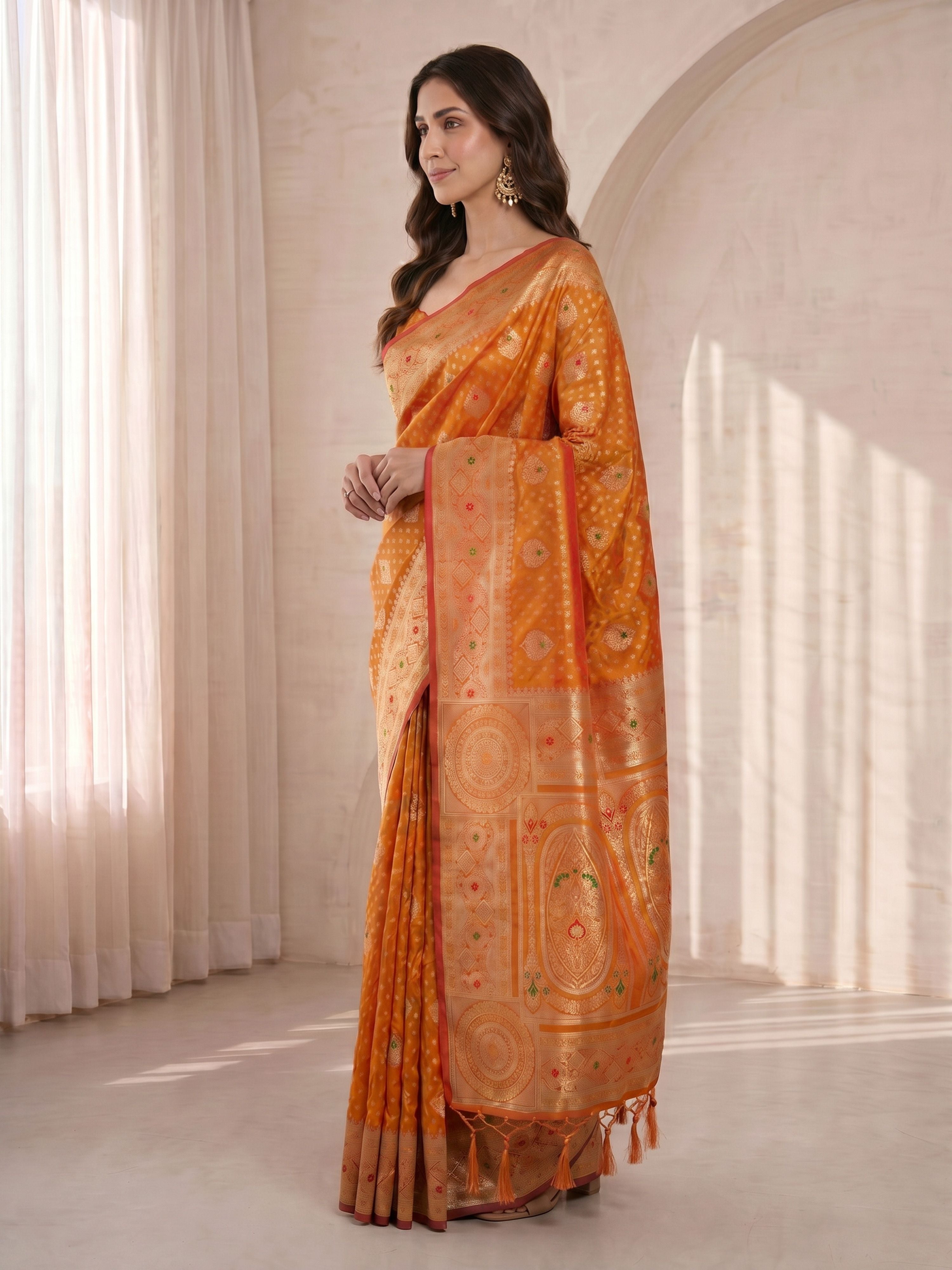 Women's Orange Cotton-Silk Ethnic Motifs Saree With Unstitched Blouse Piece