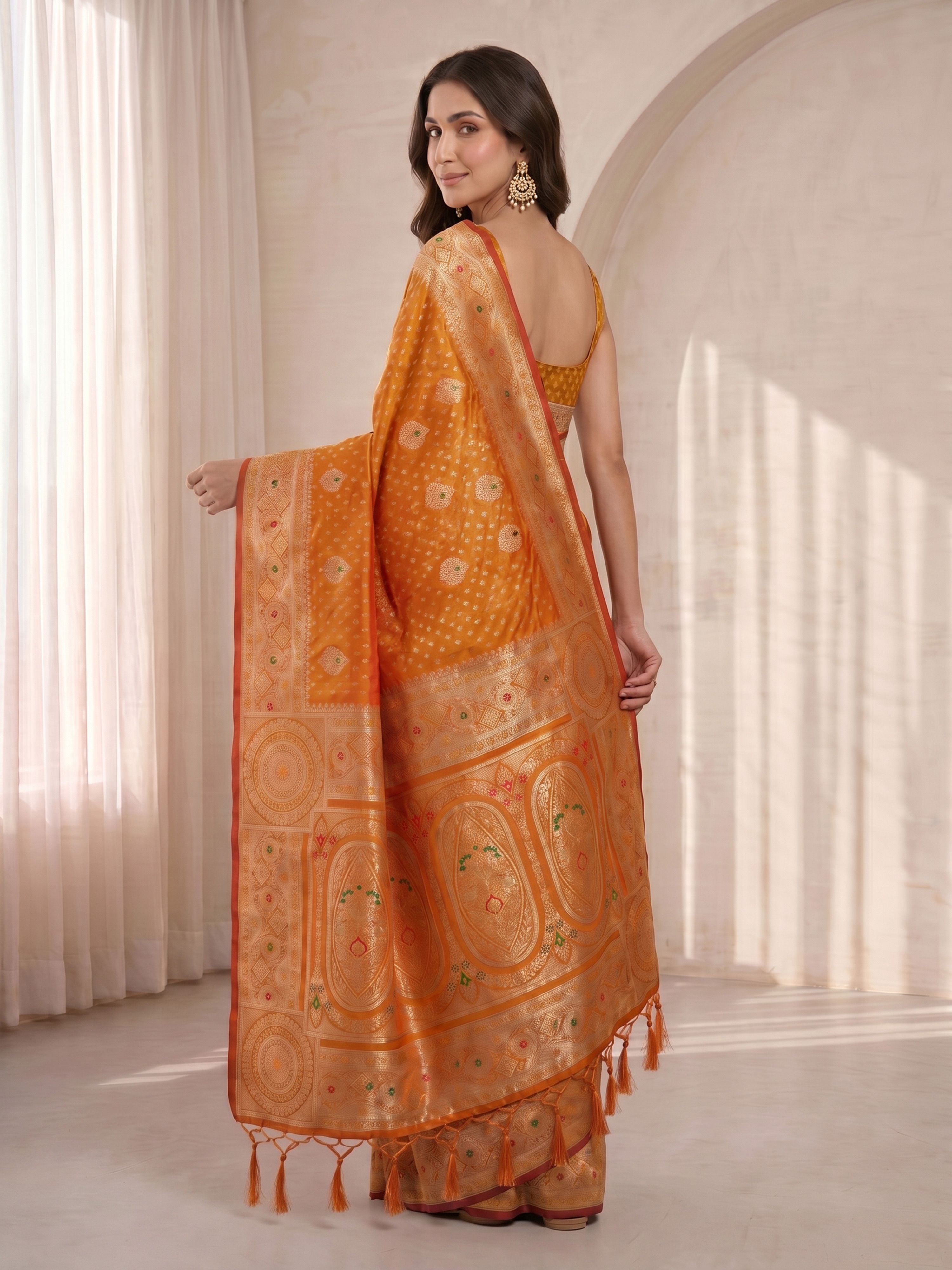 Women's Orange Cotton-Silk Ethnic Motifs Saree With Unstitched Blouse Piece