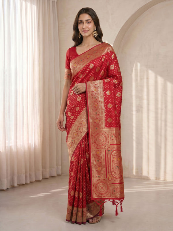 Red Cotton-Silk Saree with Gold Zari Woven Border