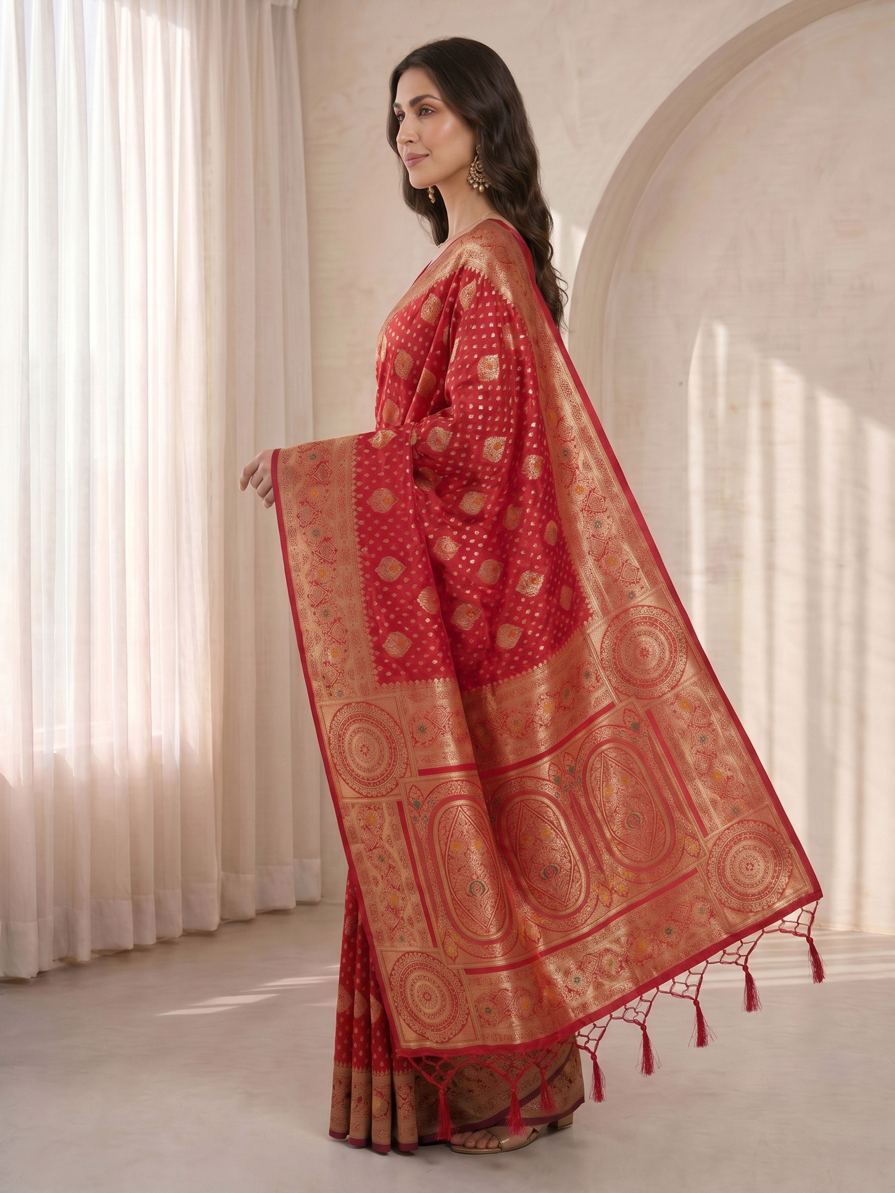 Women's Red Cotton-Silk Ethnic Motifs Saree With Unstitched Blouse Piece