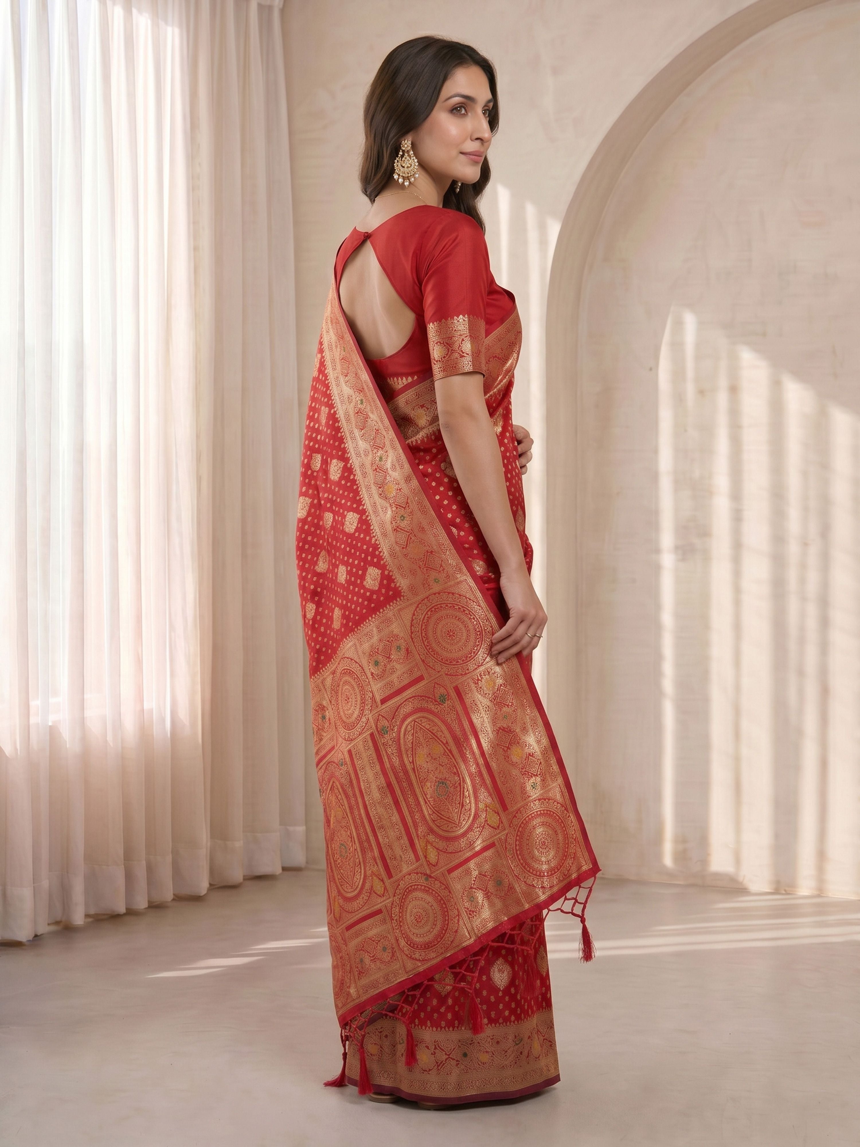 Women's Red Cotton-Silk Ethnic Motifs Saree With Unstitched Blouse Piece