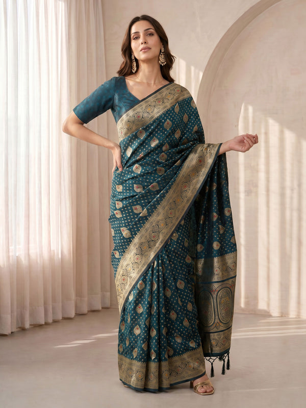 Turquoise Cotton-Silk Woven Zari Border Saree for Women