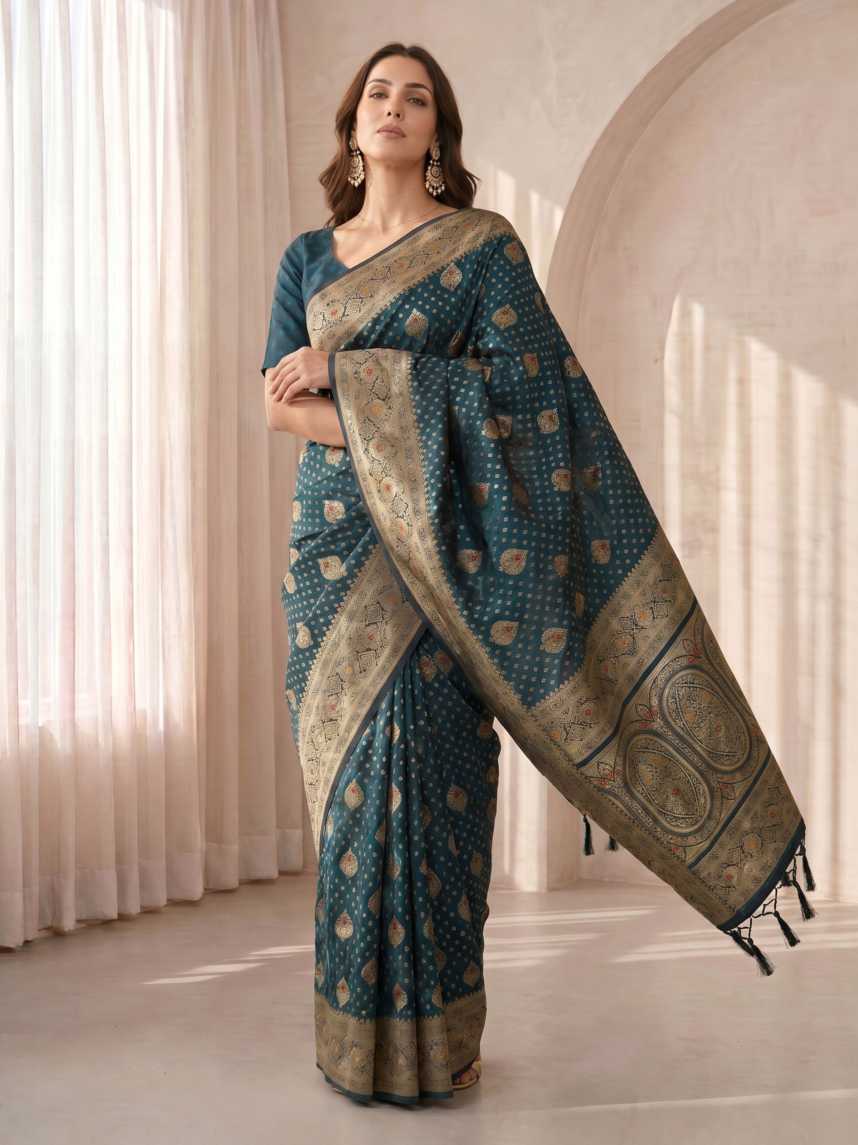 Women's Teal Cotton-Silk Ethnic Motifs Saree With Unstitched Blouse Piece