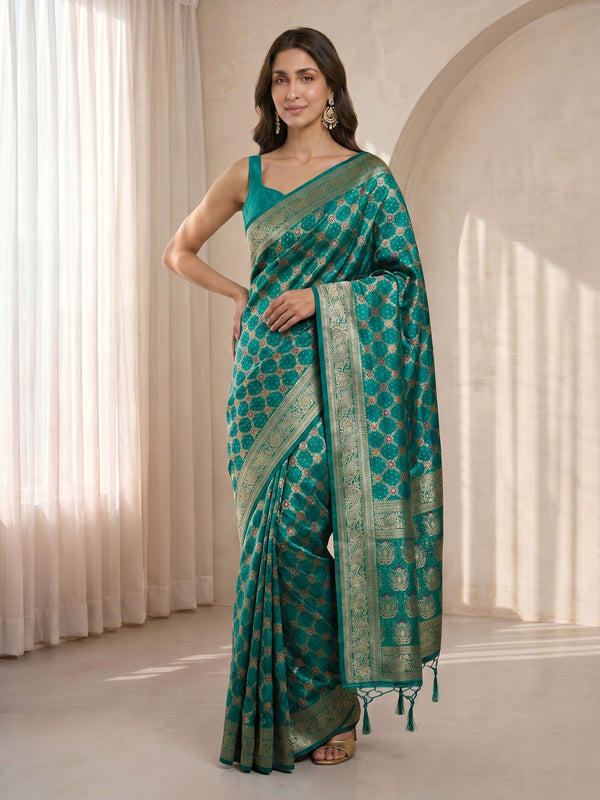 Green Cotton-Silk Saree with Zari Border & Ethnic Motifs