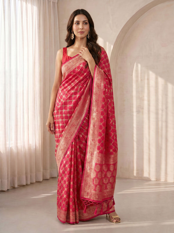Pink Cotton Silk Saree with Ethnic Motifs & Zari Border